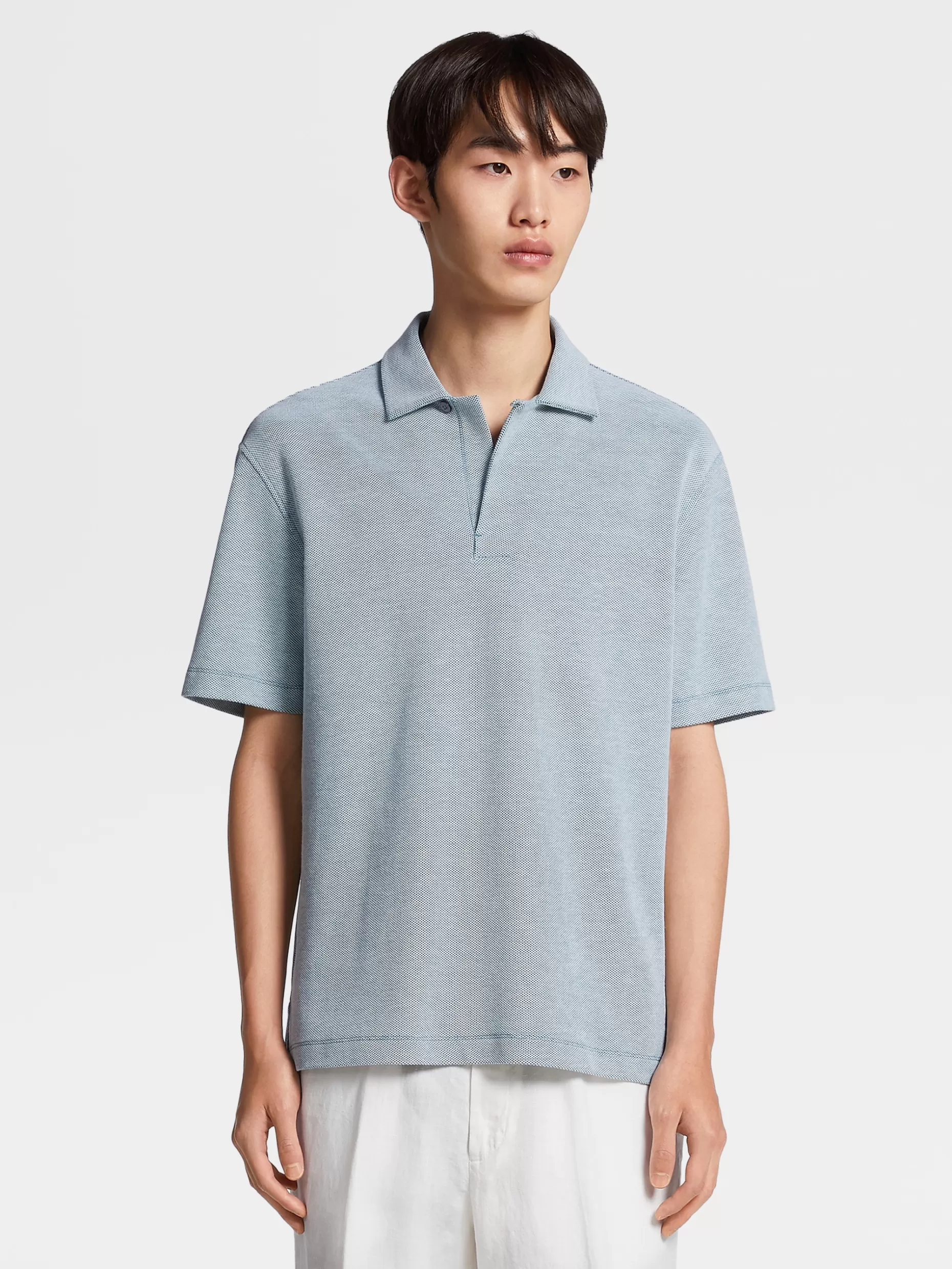 Men ZEGNA Aqua Green And White Pure Cotton Short-Sleeve Polo