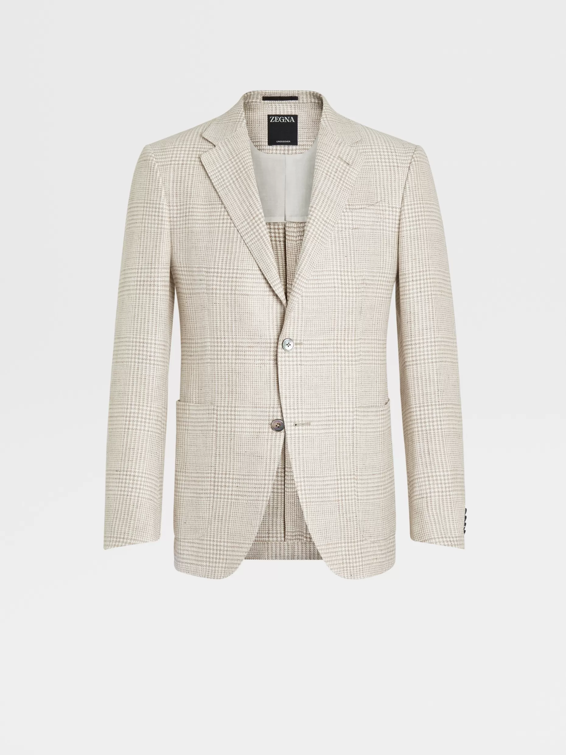 Men ZEGNA Beige Prince Of Wales Crossover Linen Wool And Silk Fairway Jacket