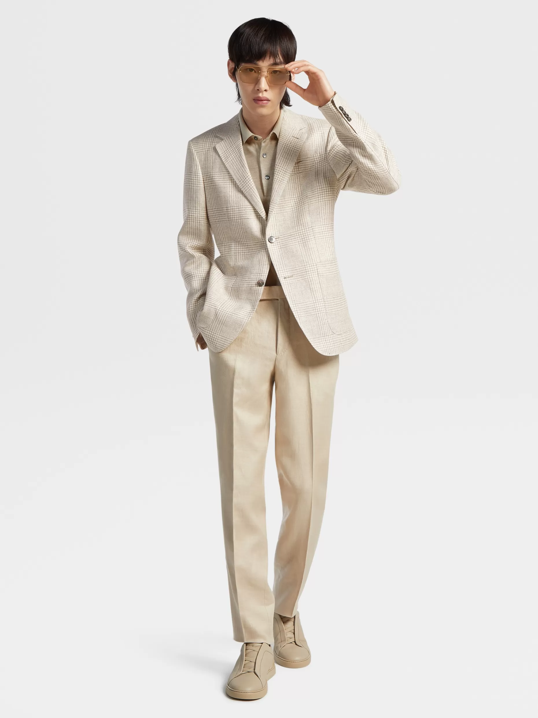 Men ZEGNA Beige Prince Of Wales Crossover Linen Wool And Silk Fairway Jacket