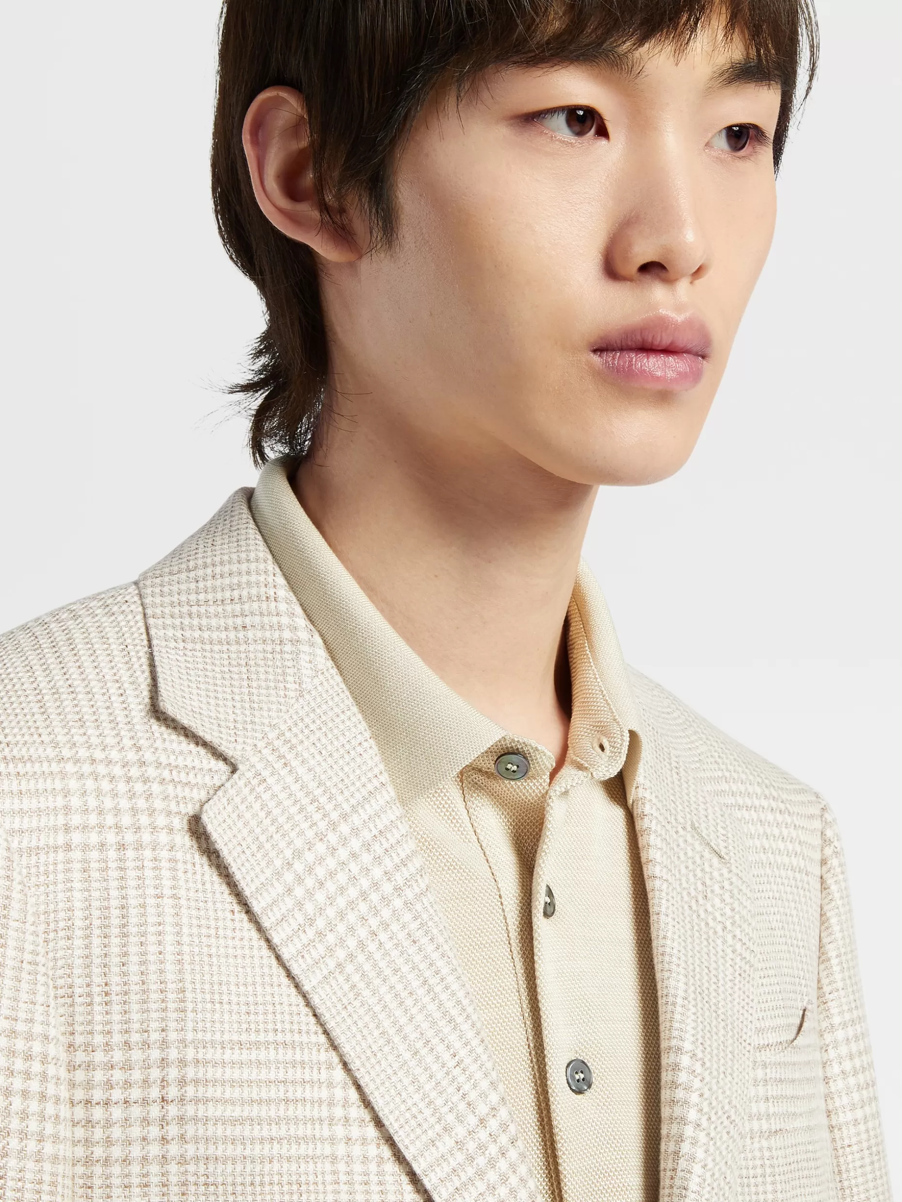 Men ZEGNA Beige Prince Of Wales Crossover Linen Wool And Silk Fairway Jacket