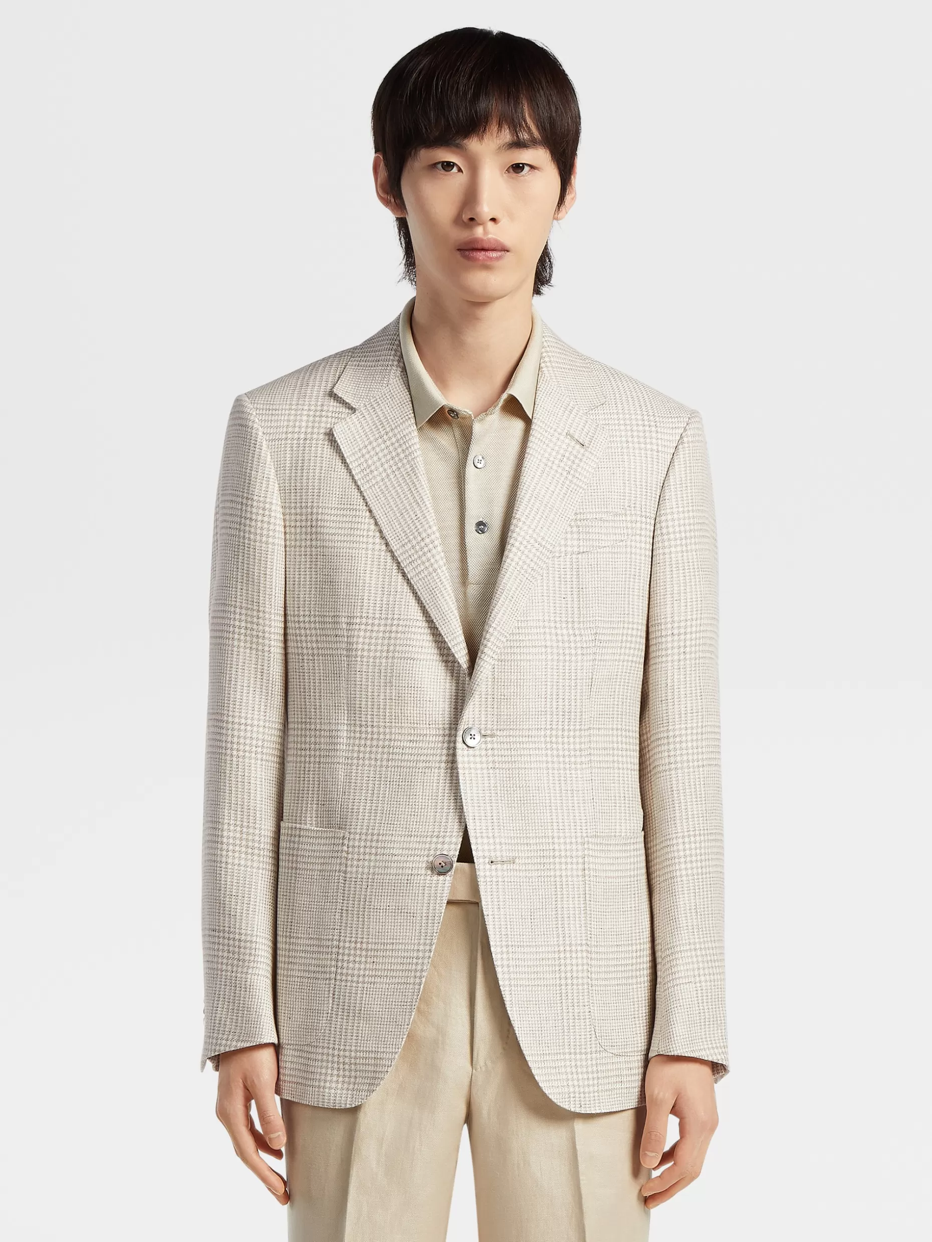 Men ZEGNA Beige Prince Of Wales Crossover Linen Wool And Silk Fairway Jacket