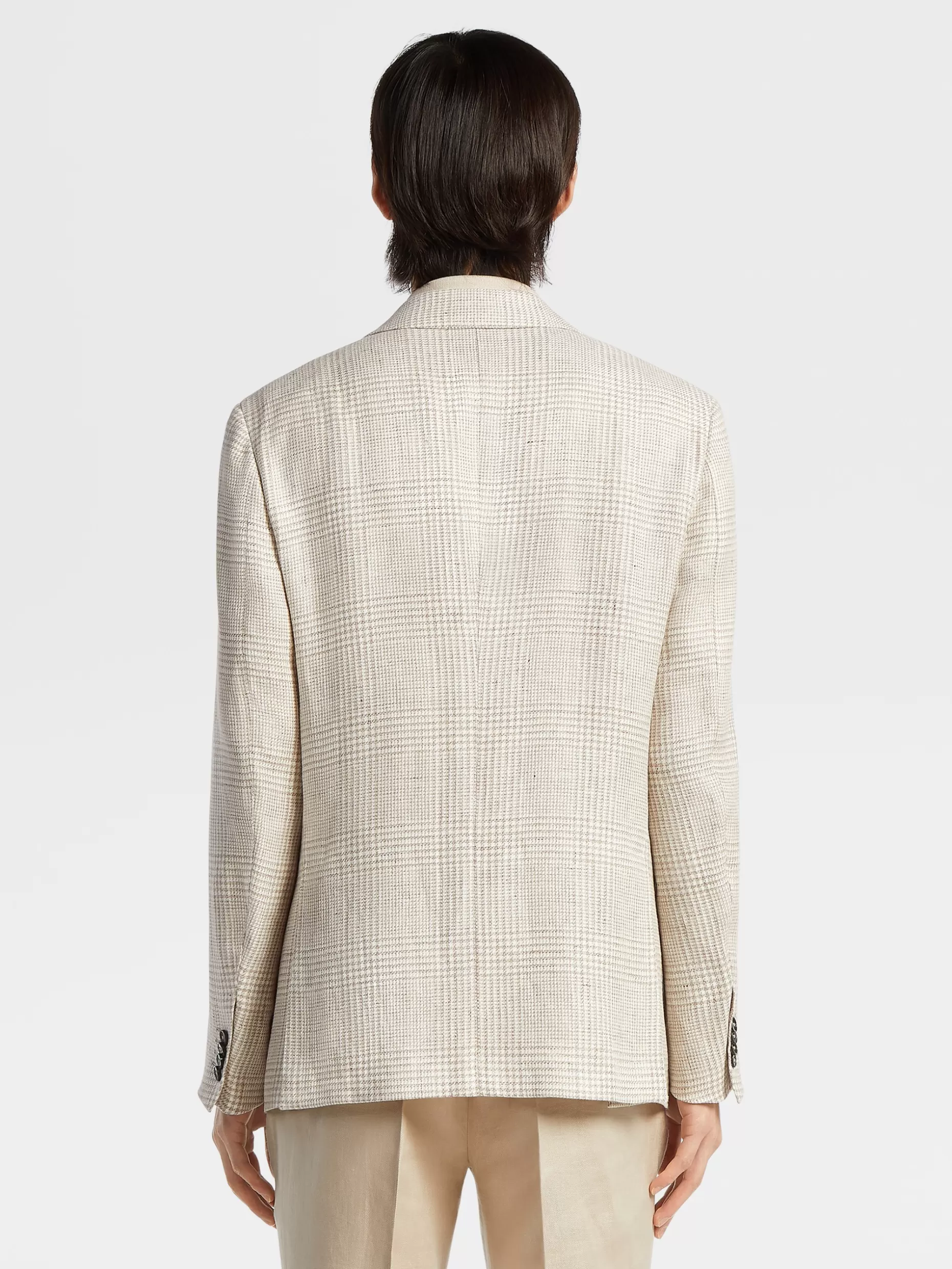 Men ZEGNA Beige Prince Of Wales Crossover Linen Wool And Silk Fairway Jacket