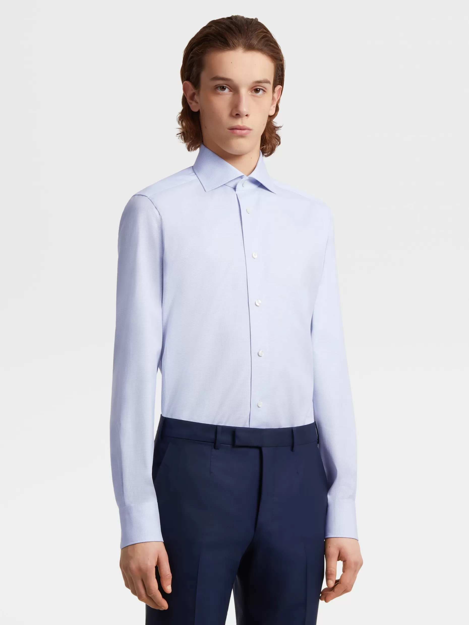 Men ZEGNA Blue And White Trofeo™ Cotton Long-Sleeve Tailoring Shirt