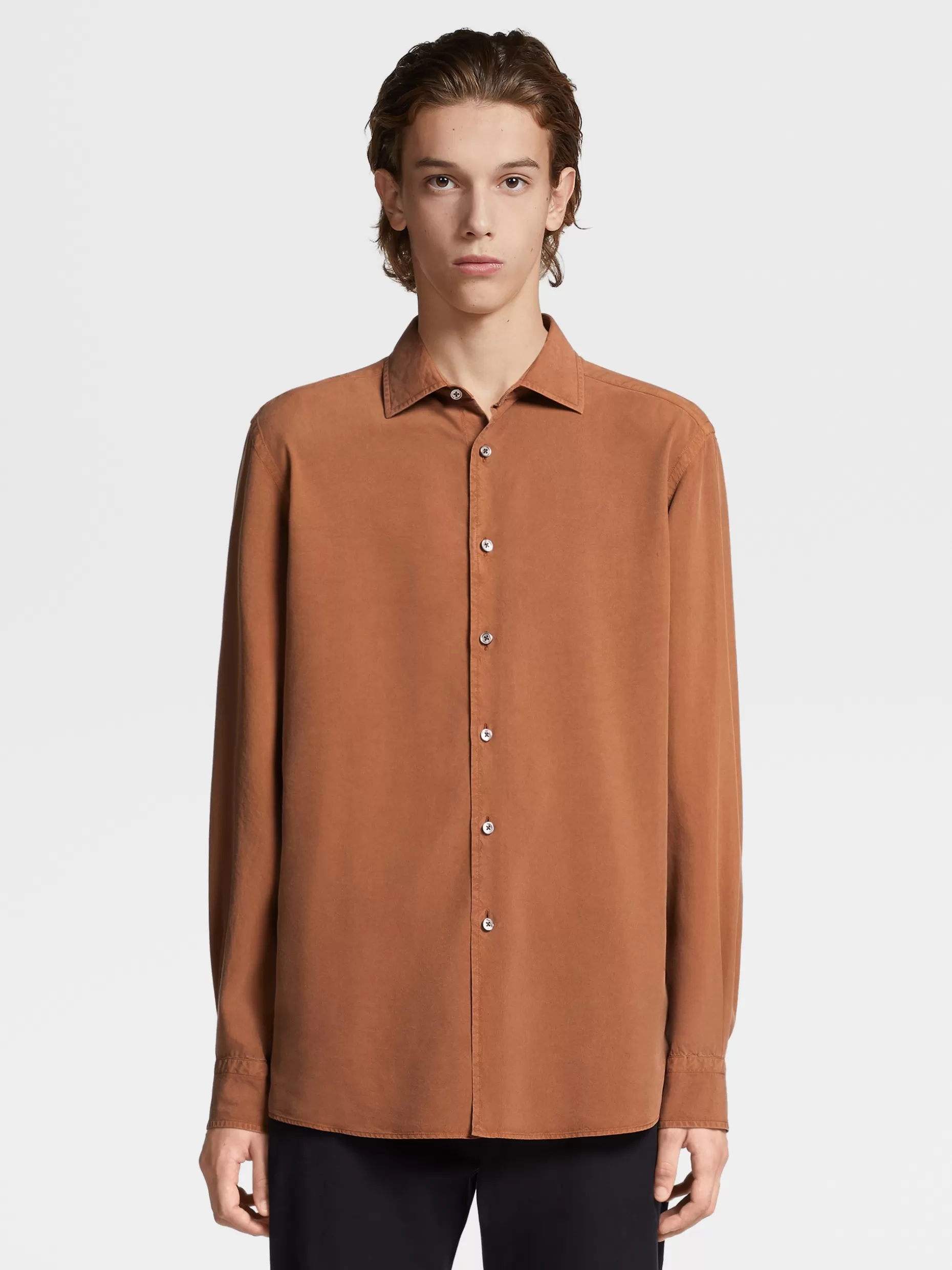 Men ZEGNA Color Garment Dyed Pure Silk Long-Sleeve Shirt