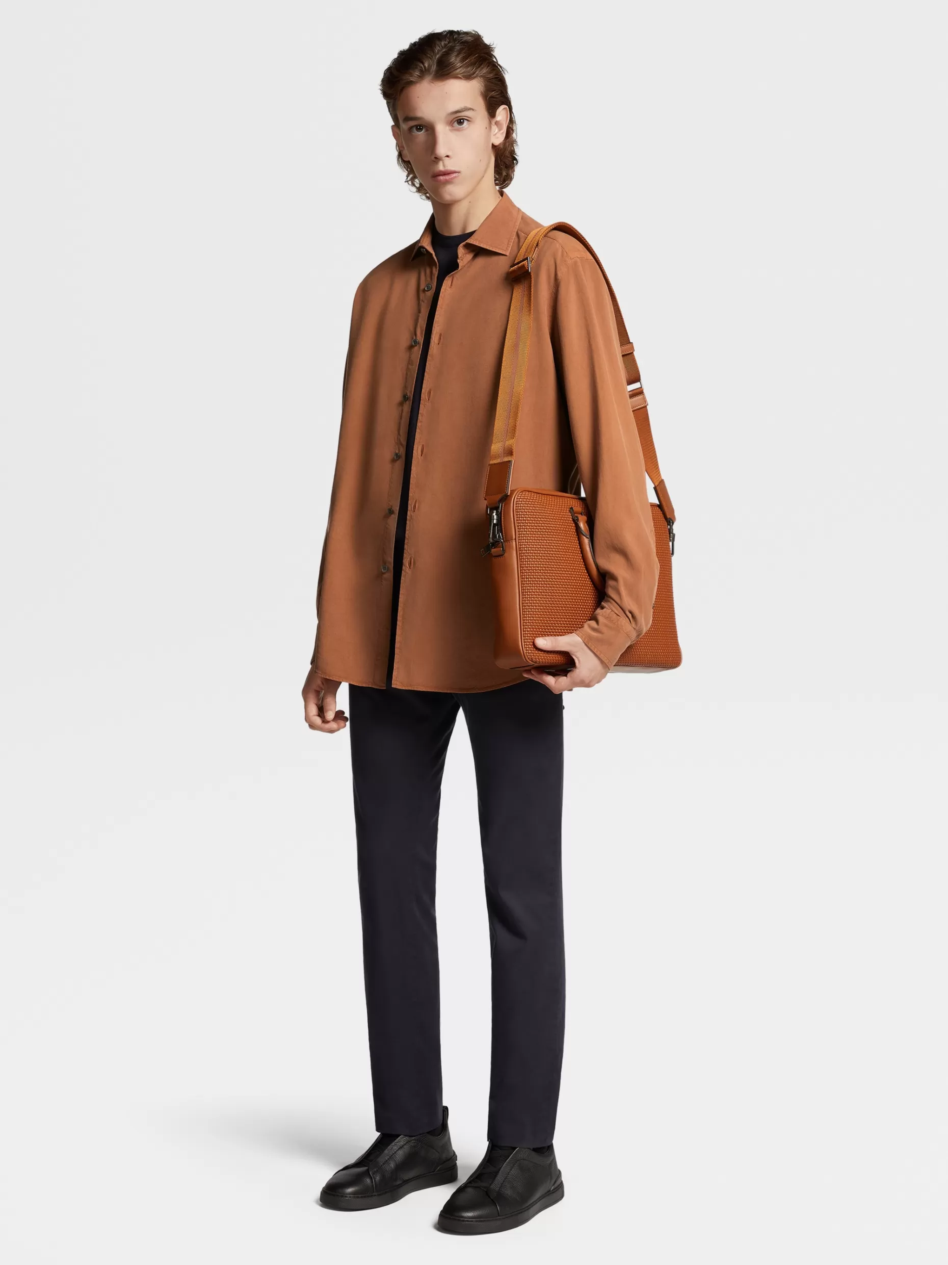 Men ZEGNA Color Garment Dyed Pure Silk Long-Sleeve Shirt