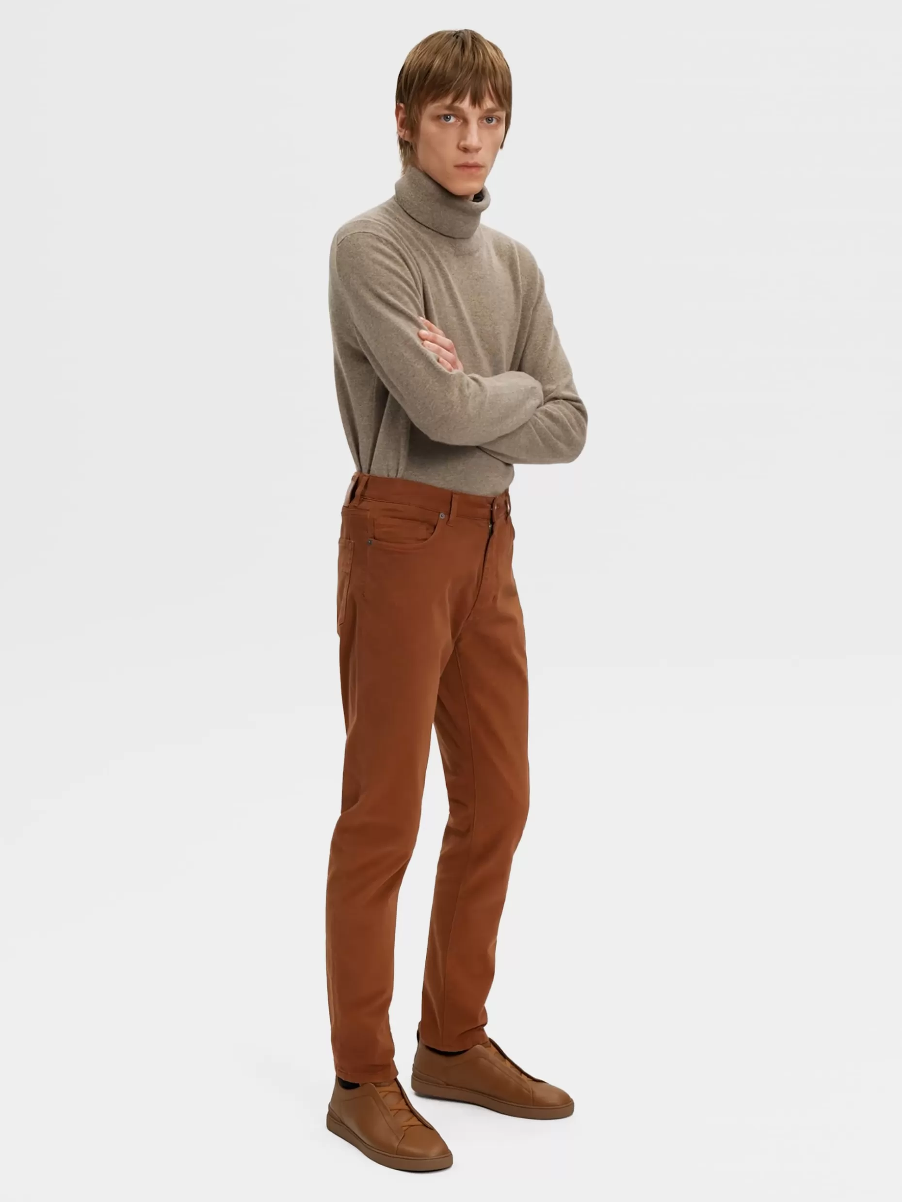 Men ZEGNA Color Garment Dyed Stretch Cotton Gabardine City 5-Pocket Jeans