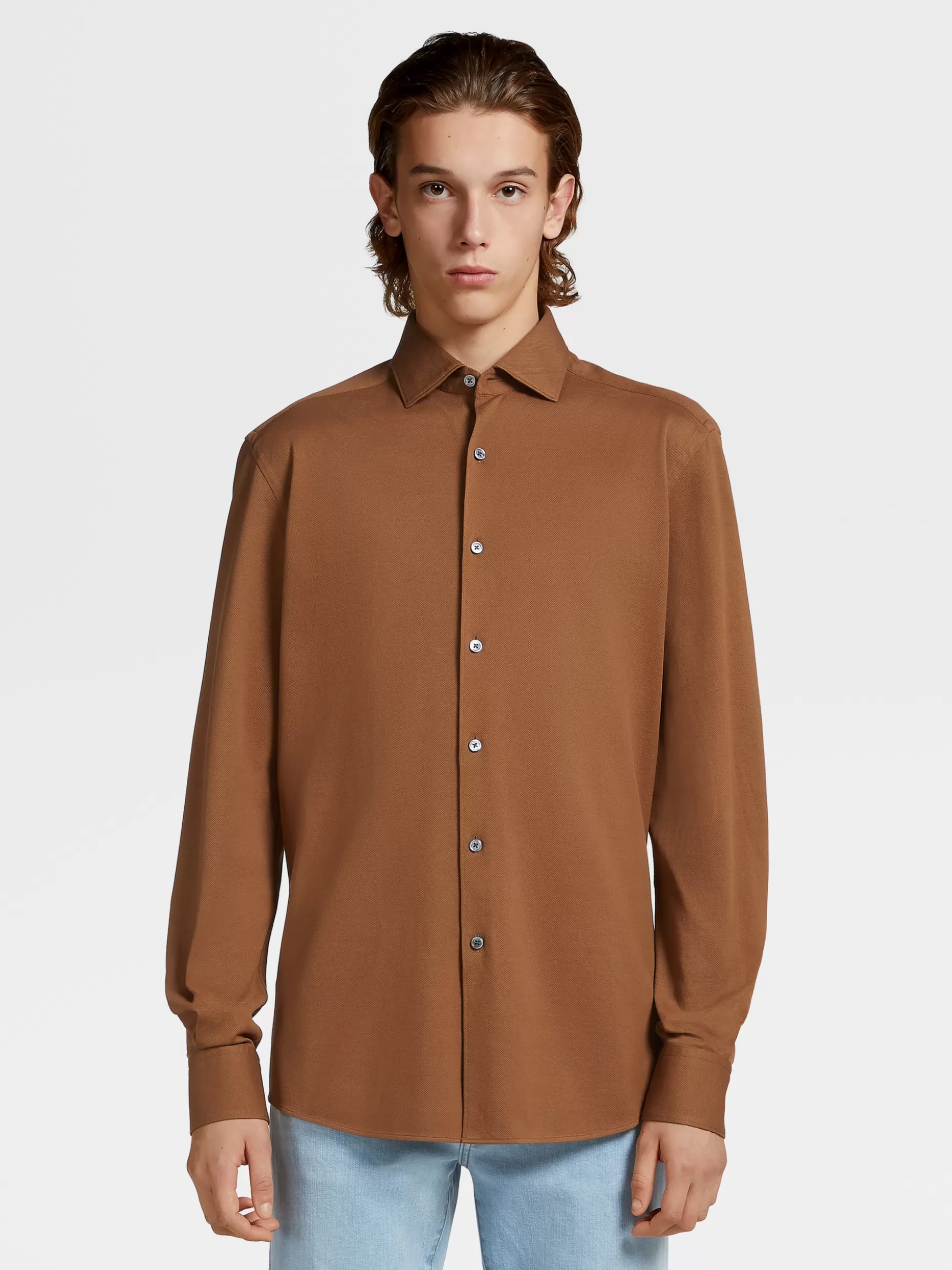 Men ZEGNA Color Pure Cotton Jersey Long-Sleeve Shirt