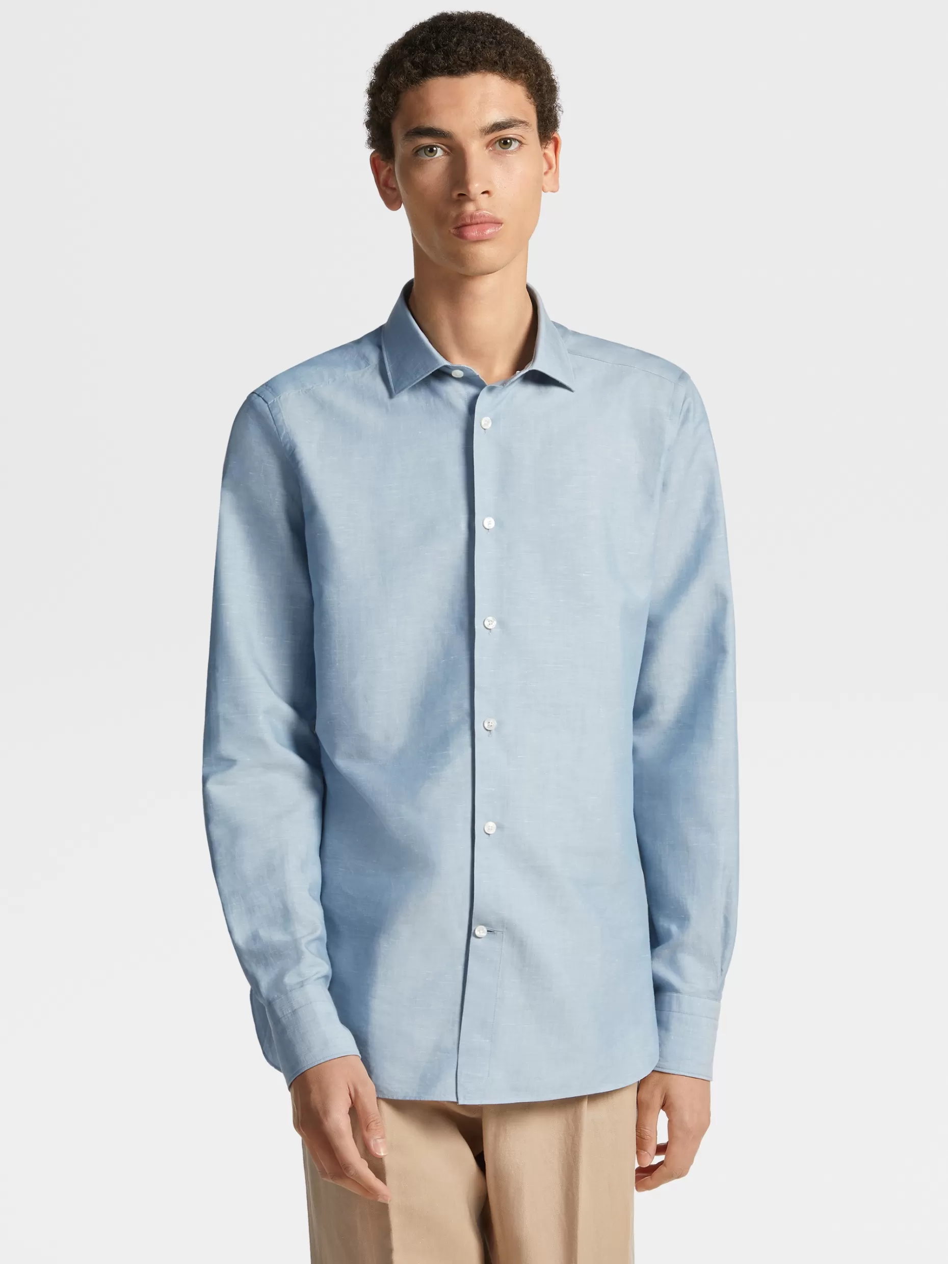 Men ZEGNA Crossover Blend Cotton Linen And Silk Long-Sleeve Tailoring Shirt
