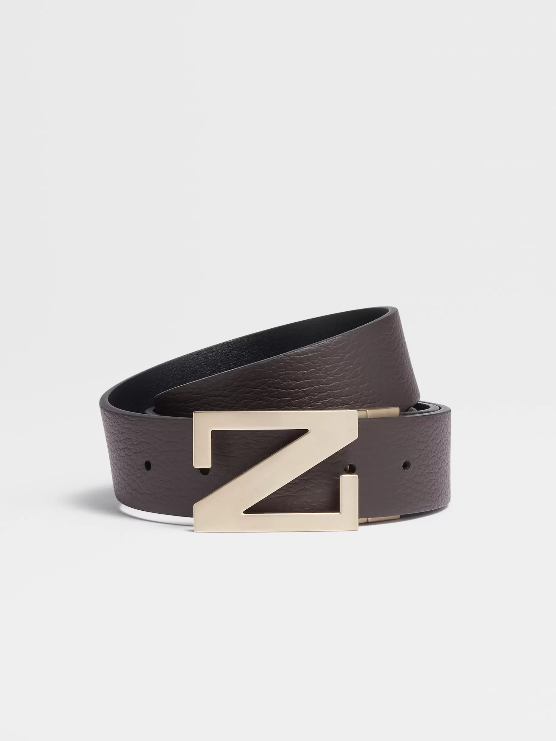 Men ZEGNA Dark Brown Grained Leather And Black Leather Reversible Belt