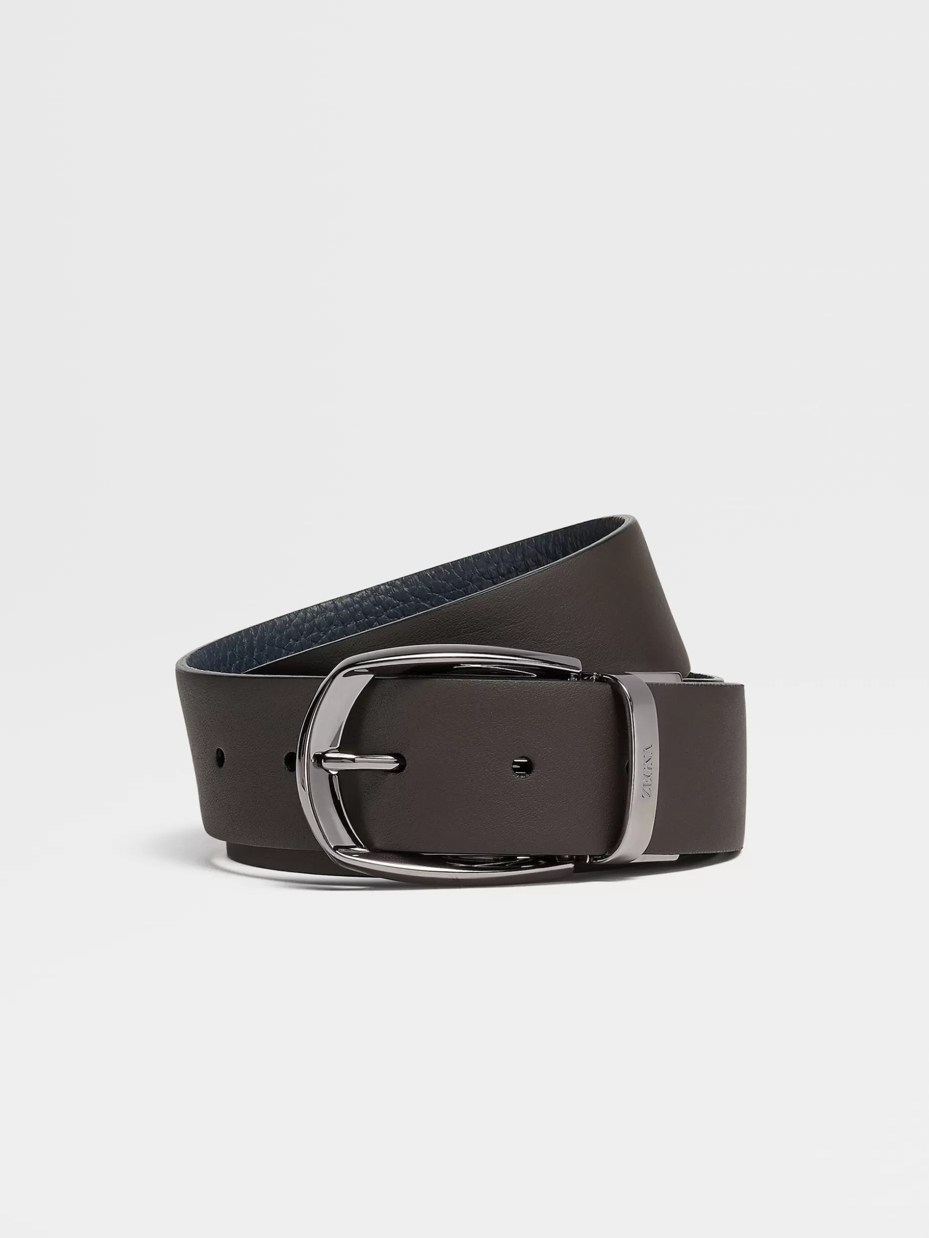 Men ZEGNA Dark Brown Leather And Blue Grained Deerskin Reversible Belt