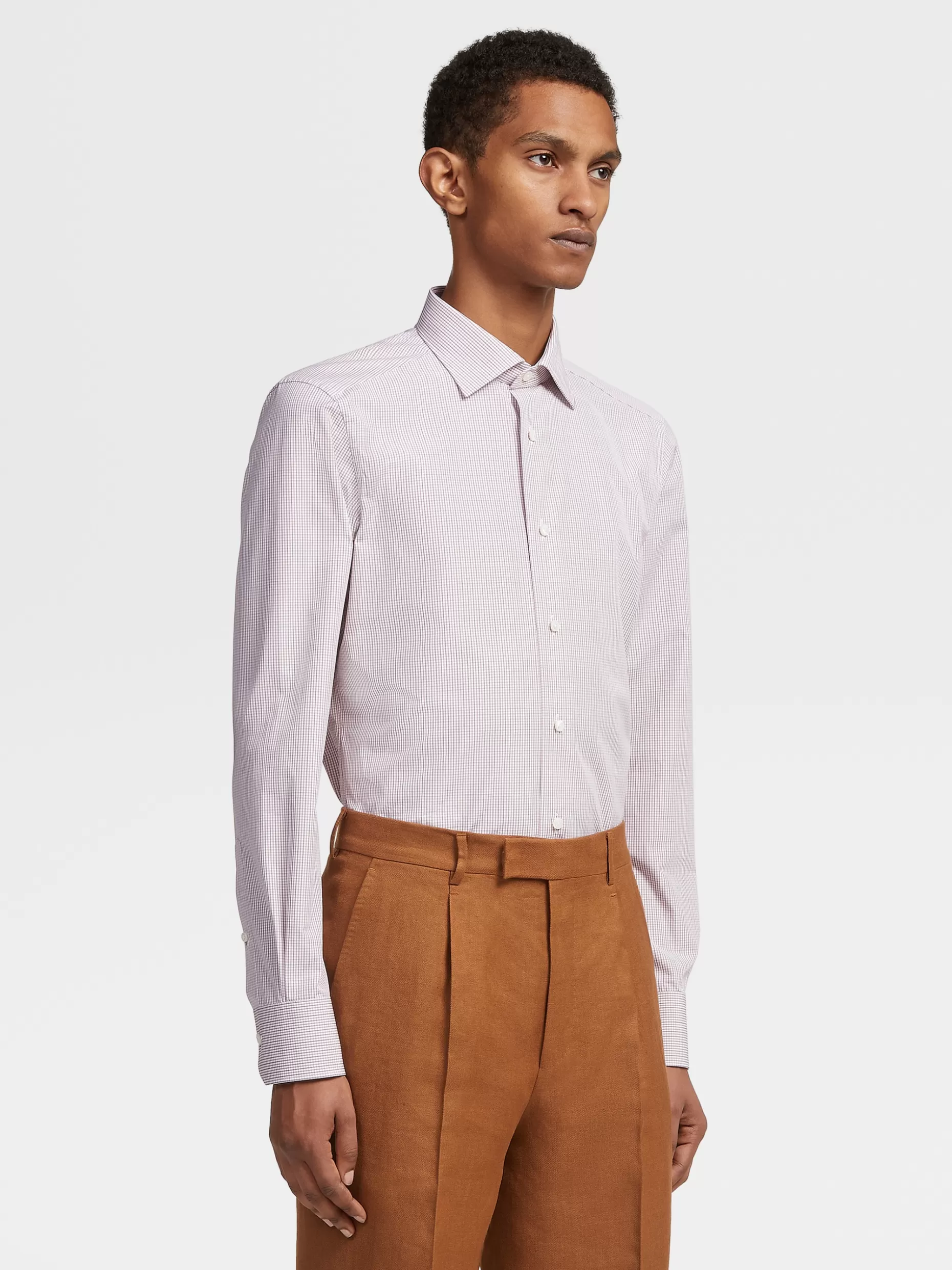 Men ZEGNA Dust Pink And Camel Micro Check Trecapi Cotton Long-Sleeve Tailoring Shirt