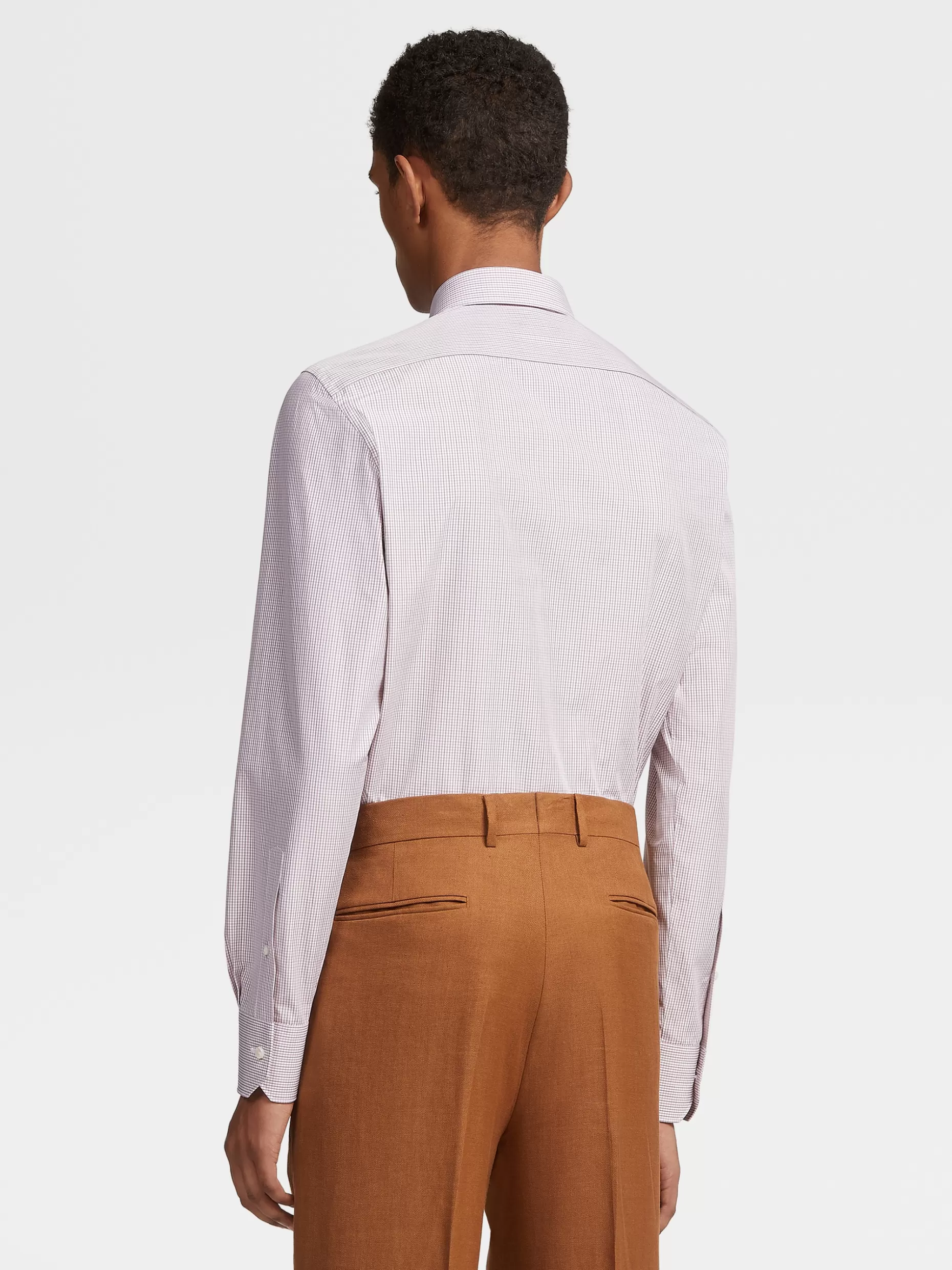 Men ZEGNA Dust Pink And Camel Micro Check Trecapi Cotton Long-Sleeve Tailoring Shirt