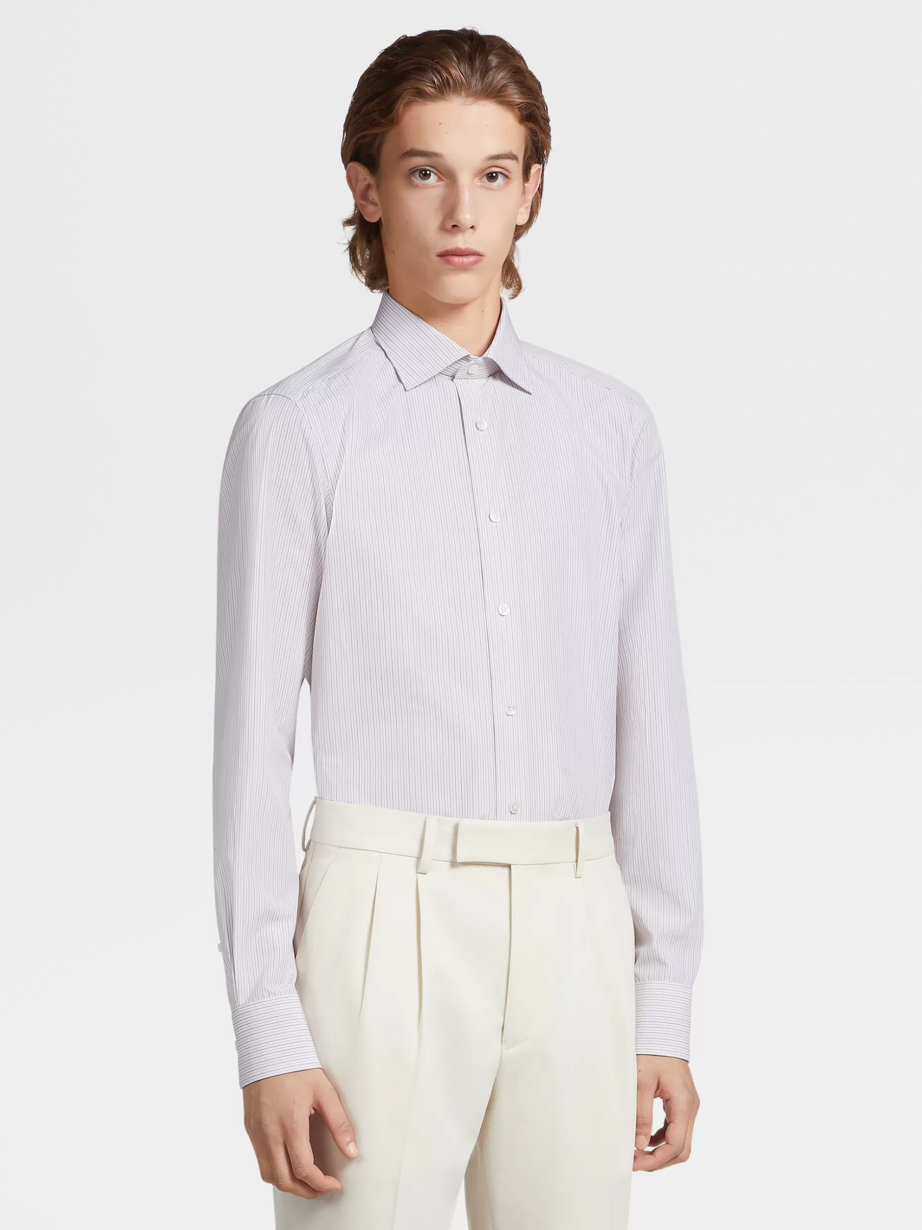 Men ZEGNA Dust Pink And Camel Striped Trecapi Cotton Long-Sleeve Tailoring Shirt