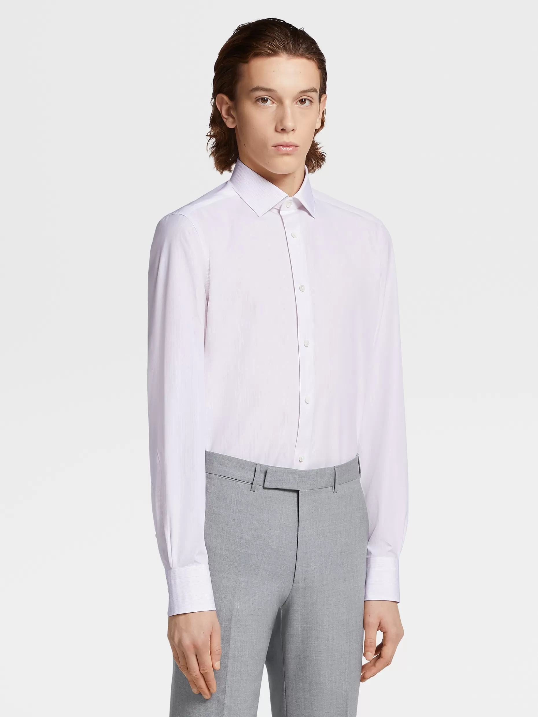 Men ZEGNA Dust Pink Micro-Striped Trofeo™ Comfort Cotton Long-Sleeve Tailoring Shirt