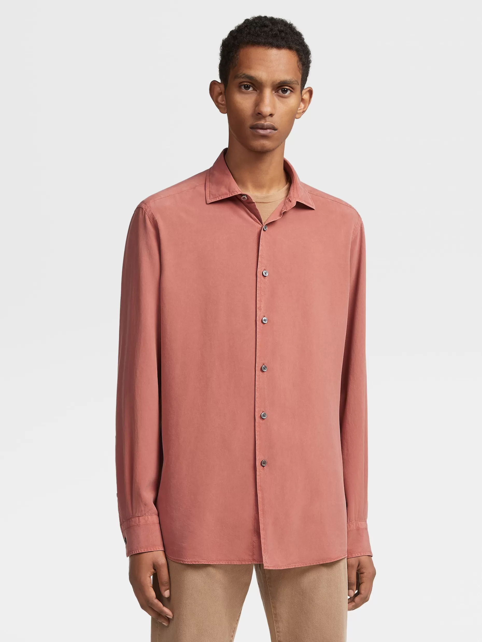 Men ZEGNA Garment Dyed Pure Silk Long-Sleeve Shirt