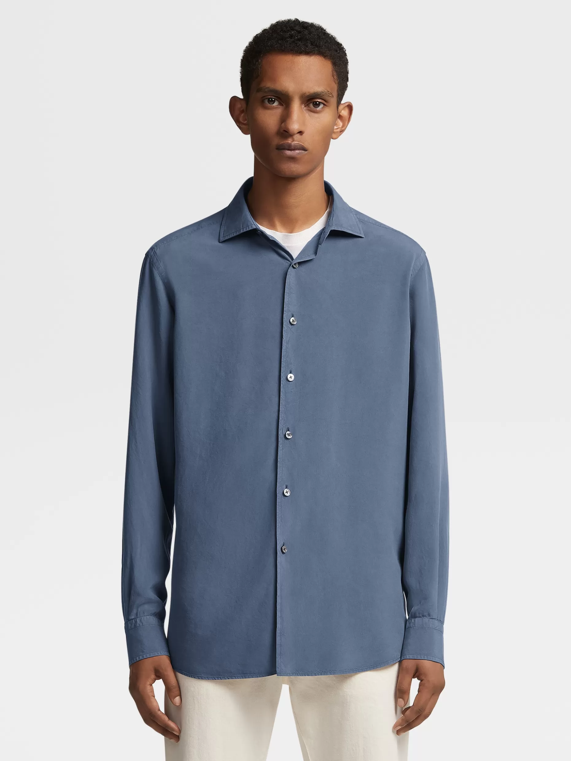 Men ZEGNA Garment Dyed Pure Silk Long-Sleeve Shirt