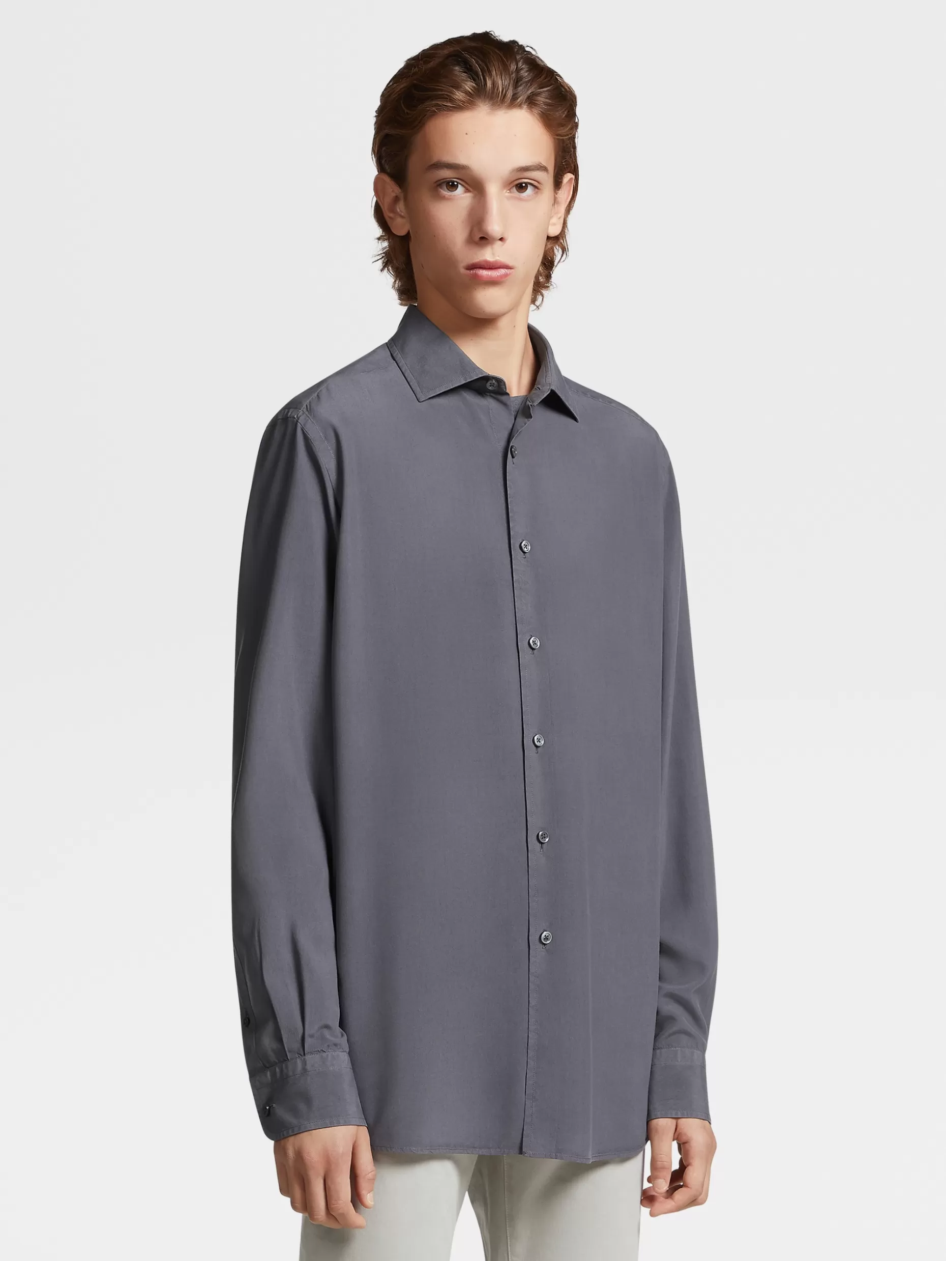 Men ZEGNA Garment Dyed Pure Silk Long-Sleeve Shirt