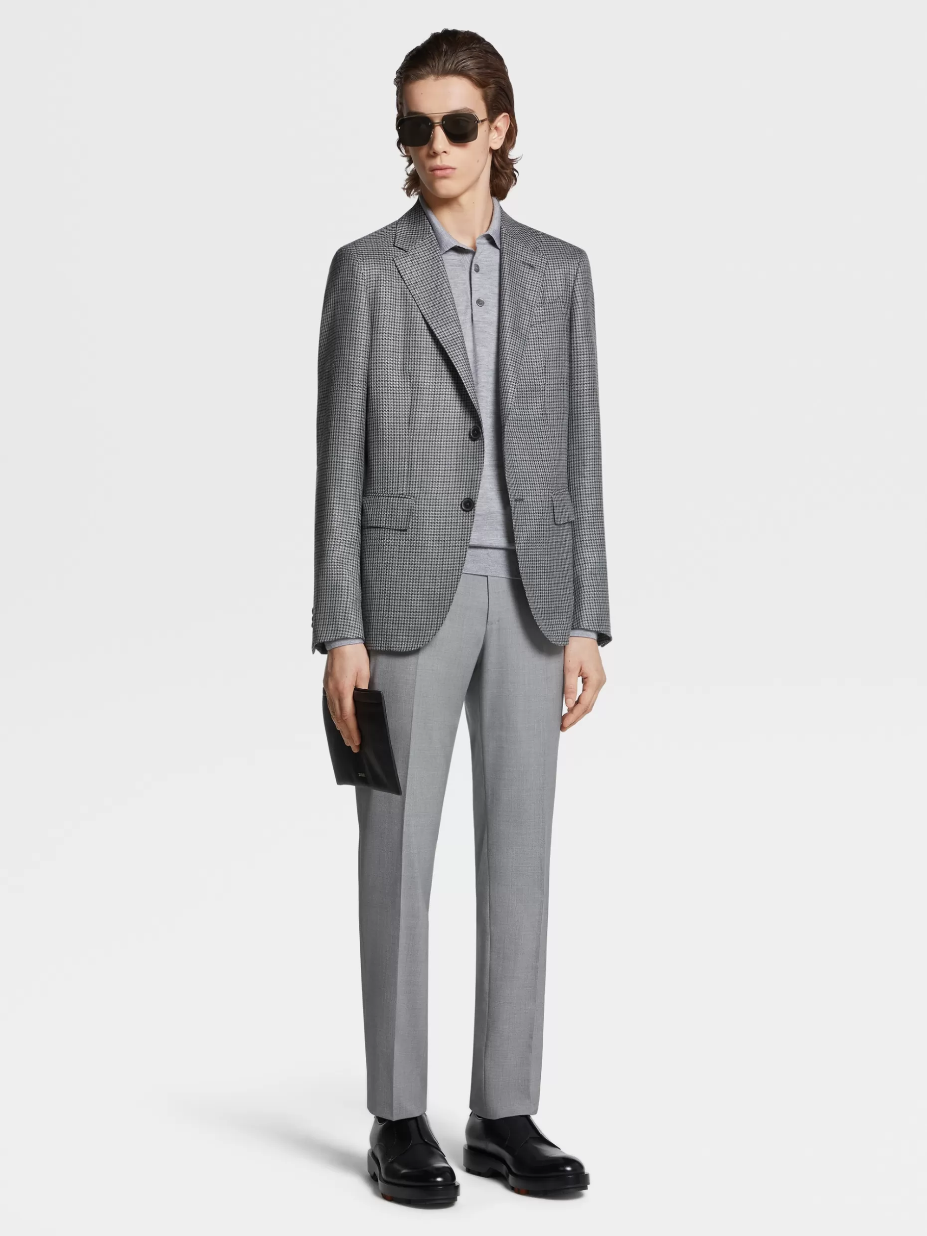 Men ZEGNA Grey Houndstooth Cashmere Silk And Hemp Jacket