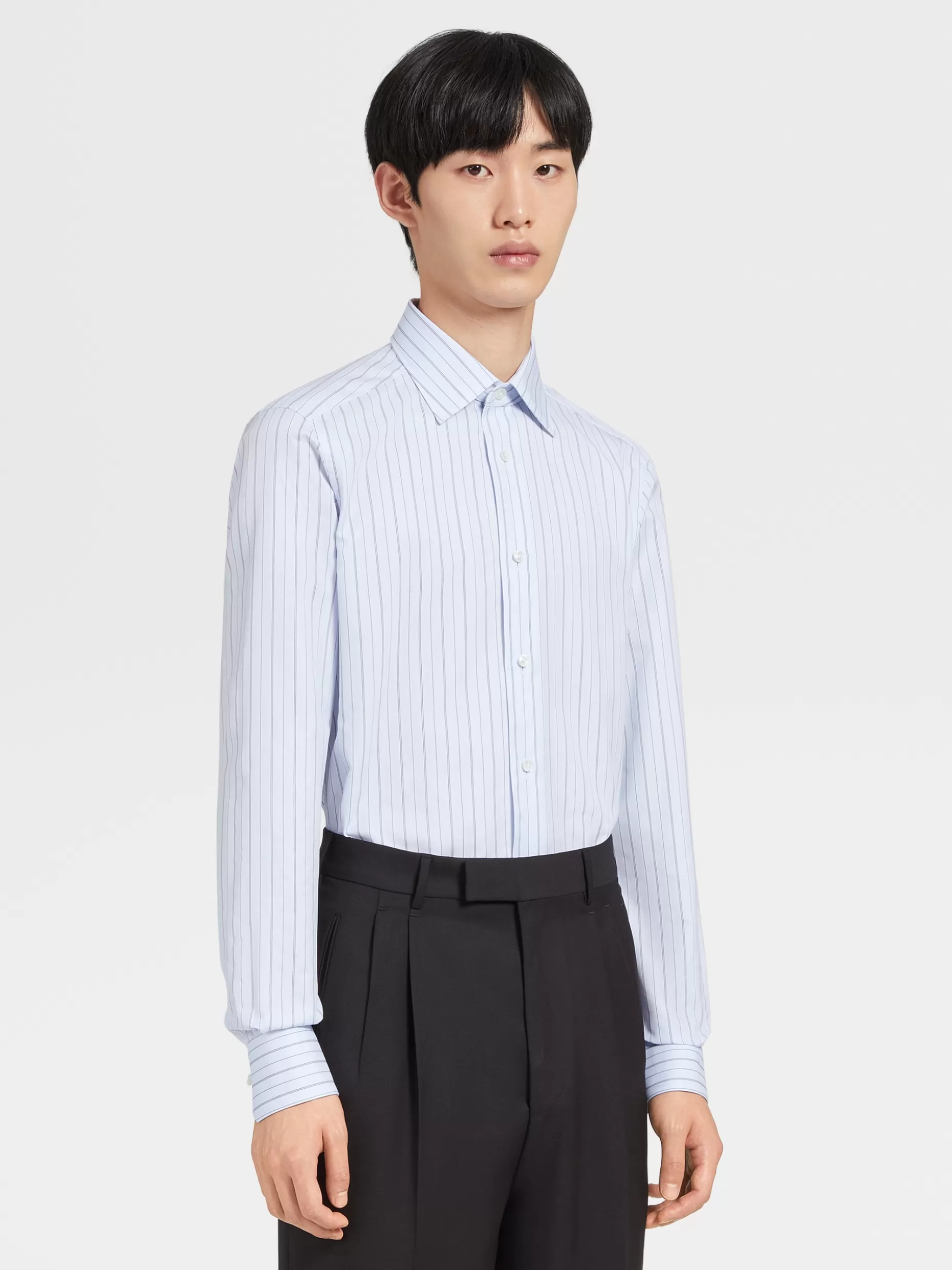 Men ZEGNA Light Blue And Navy Blue Trecapi Cotton Long-Sleeve Tailoring Shirt