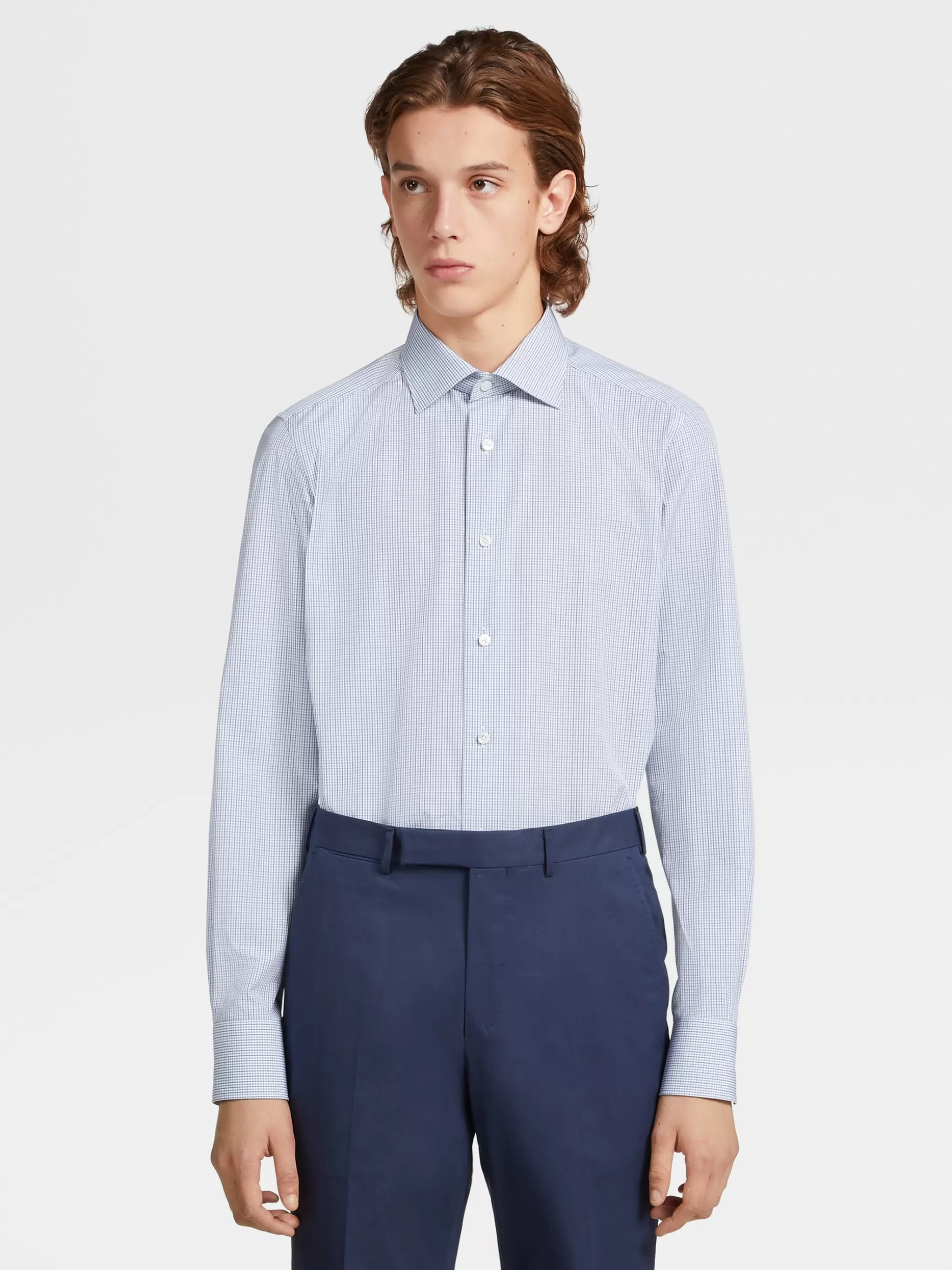 Men ZEGNA Light Blue Micro Check Trecapi Cotton Long-Sleeve Tailoring Shirt