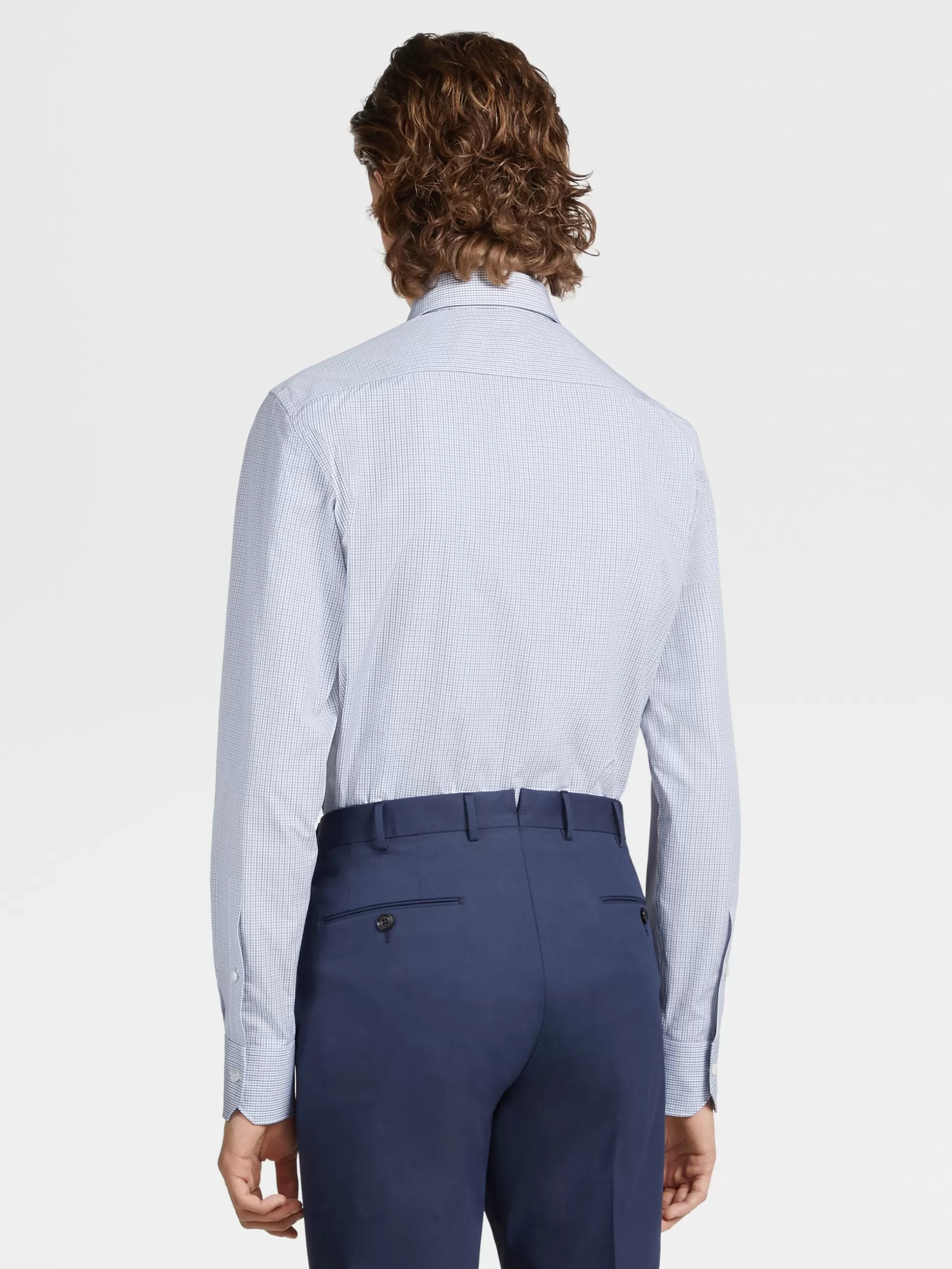 Men ZEGNA Light Blue Micro Check Trecapi Cotton Long-Sleeve Tailoring Shirt