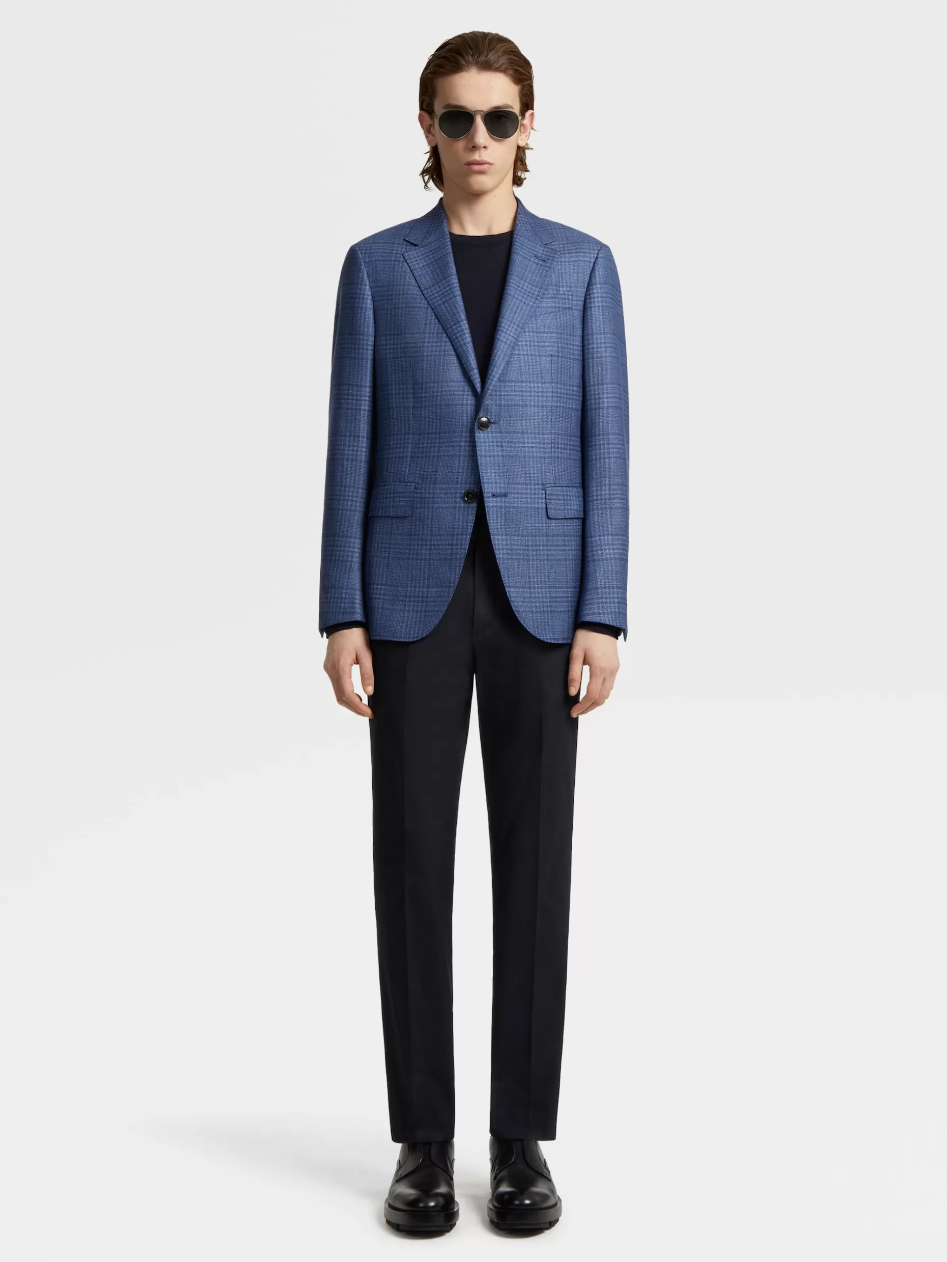 Men ZEGNA Light Blue Prince Of Wales Cashmere Silk And Hemp Jacket