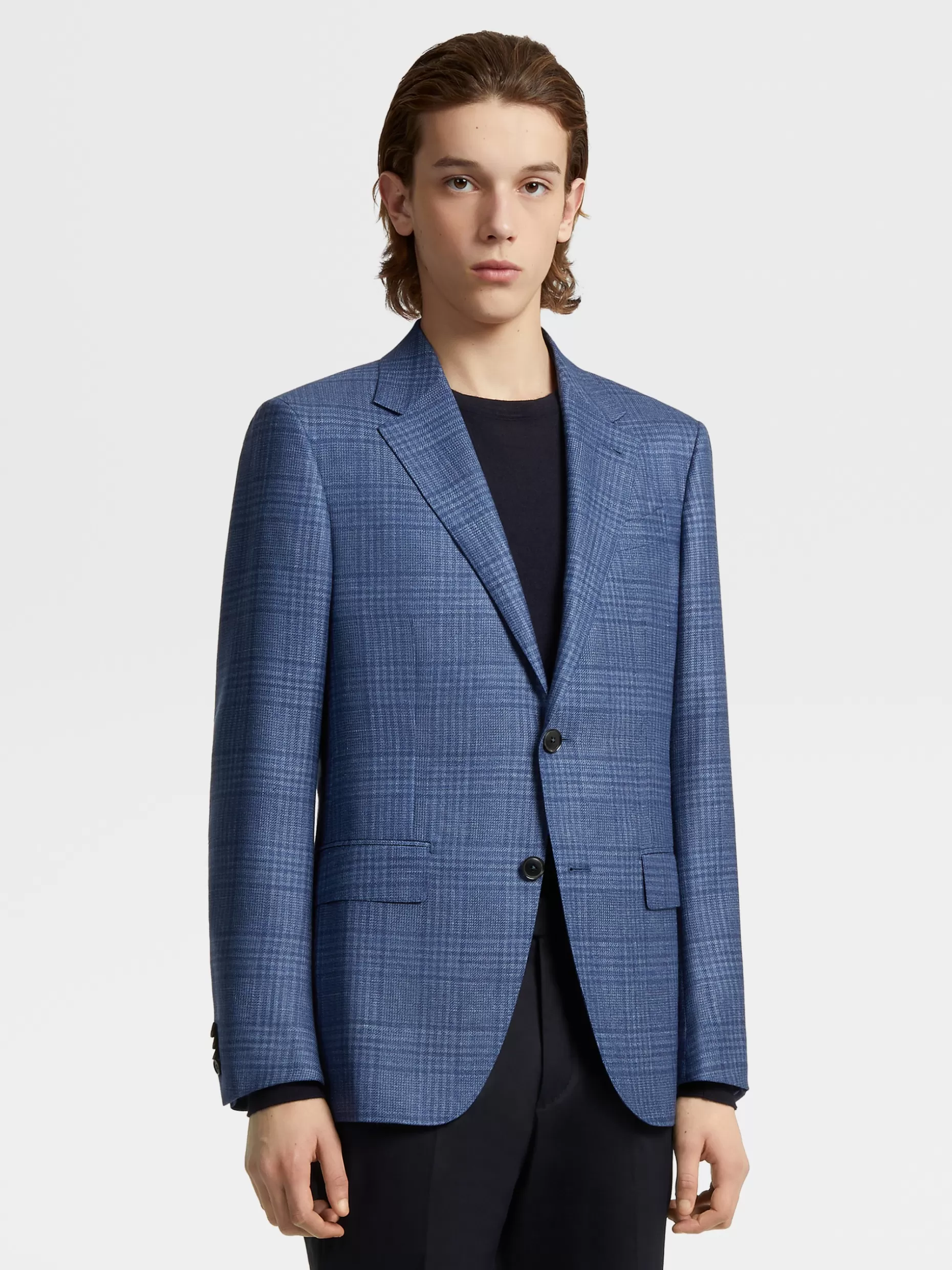 Men ZEGNA Light Blue Prince Of Wales Cashmere Silk And Hemp Jacket