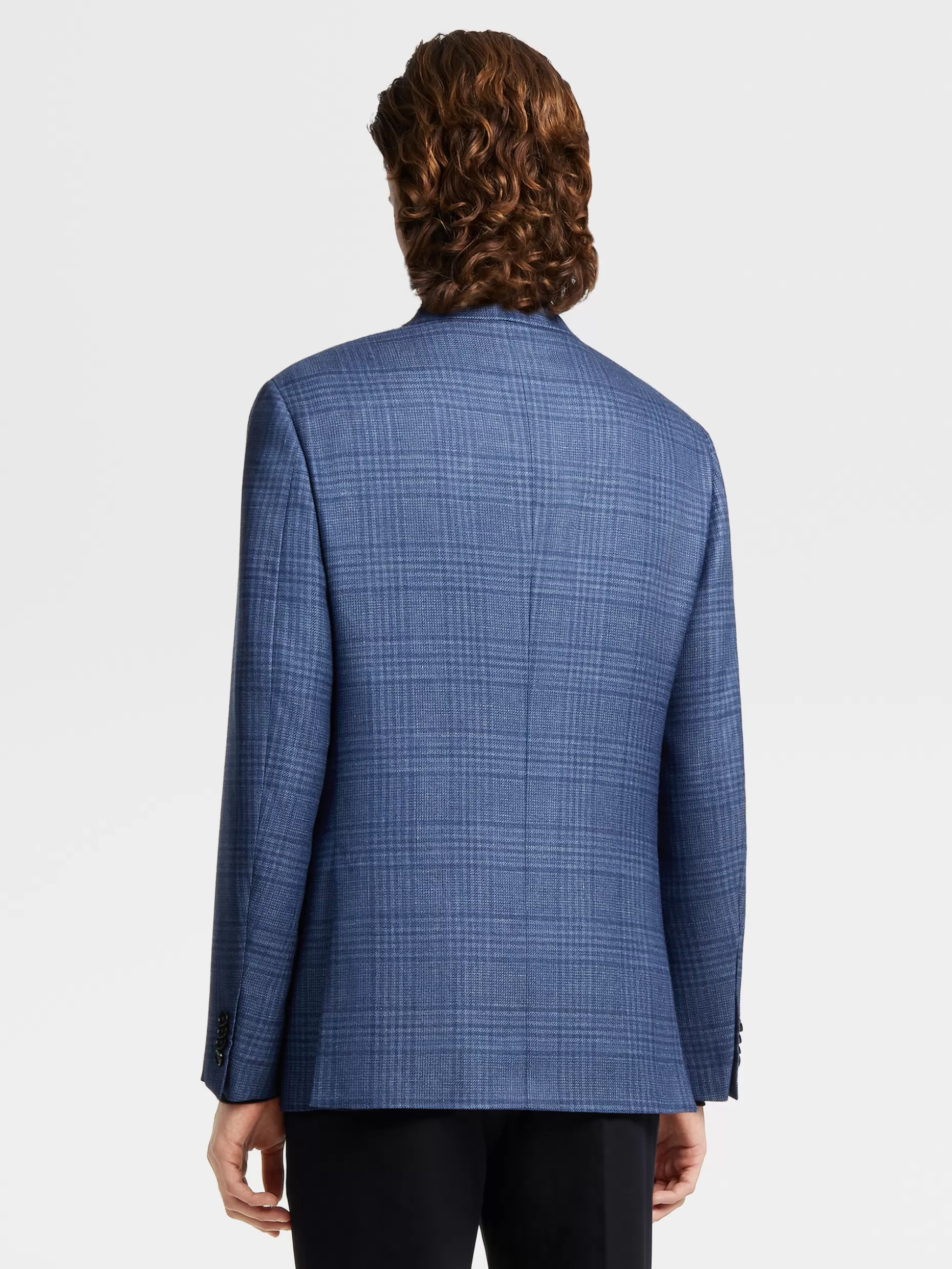Men ZEGNA Light Blue Prince Of Wales Cashmere Silk And Hemp Jacket