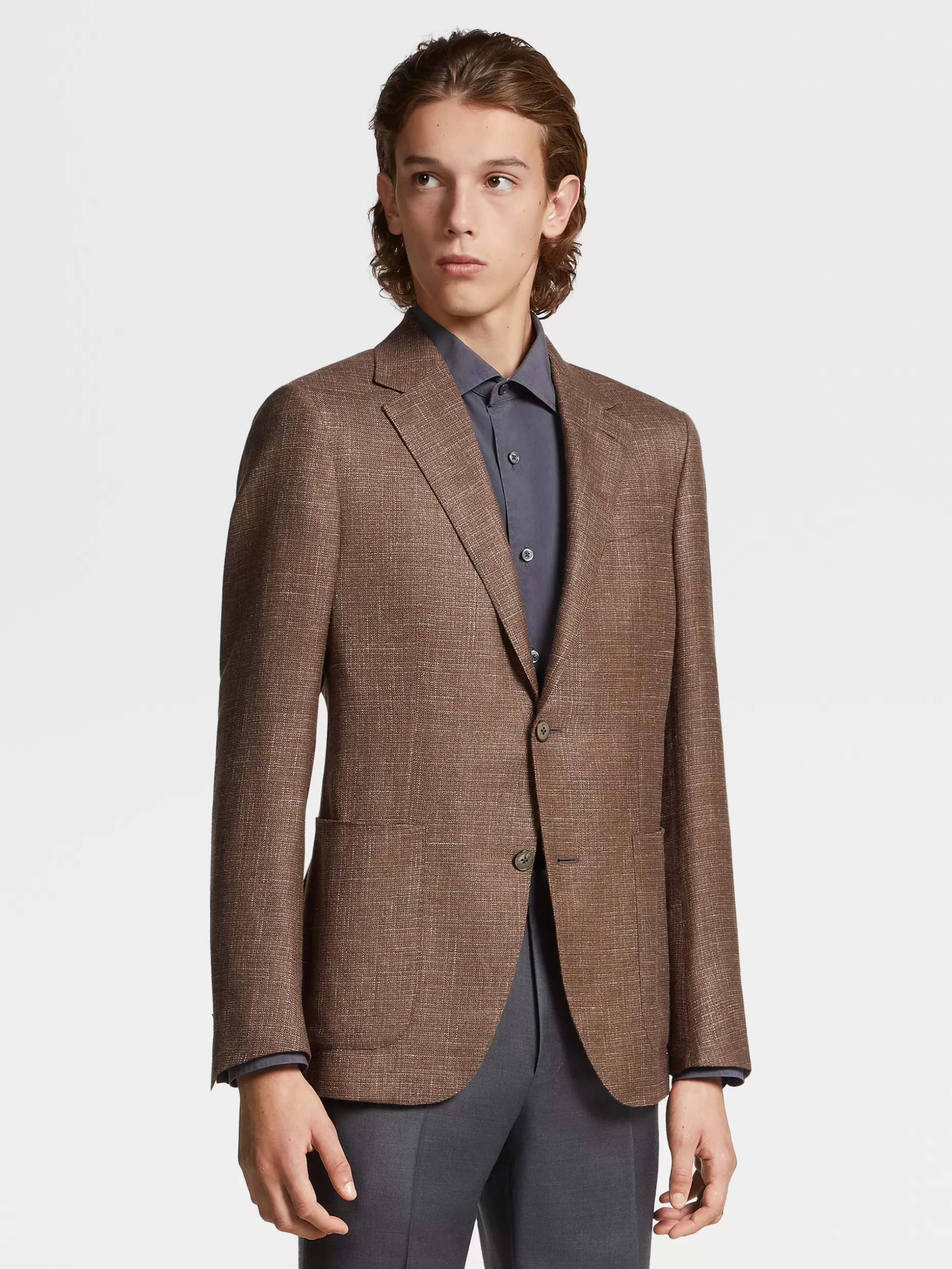 Men ZEGNA Light Brown And Orange Microstructure Wool Silk And Linen Fairway Jacket