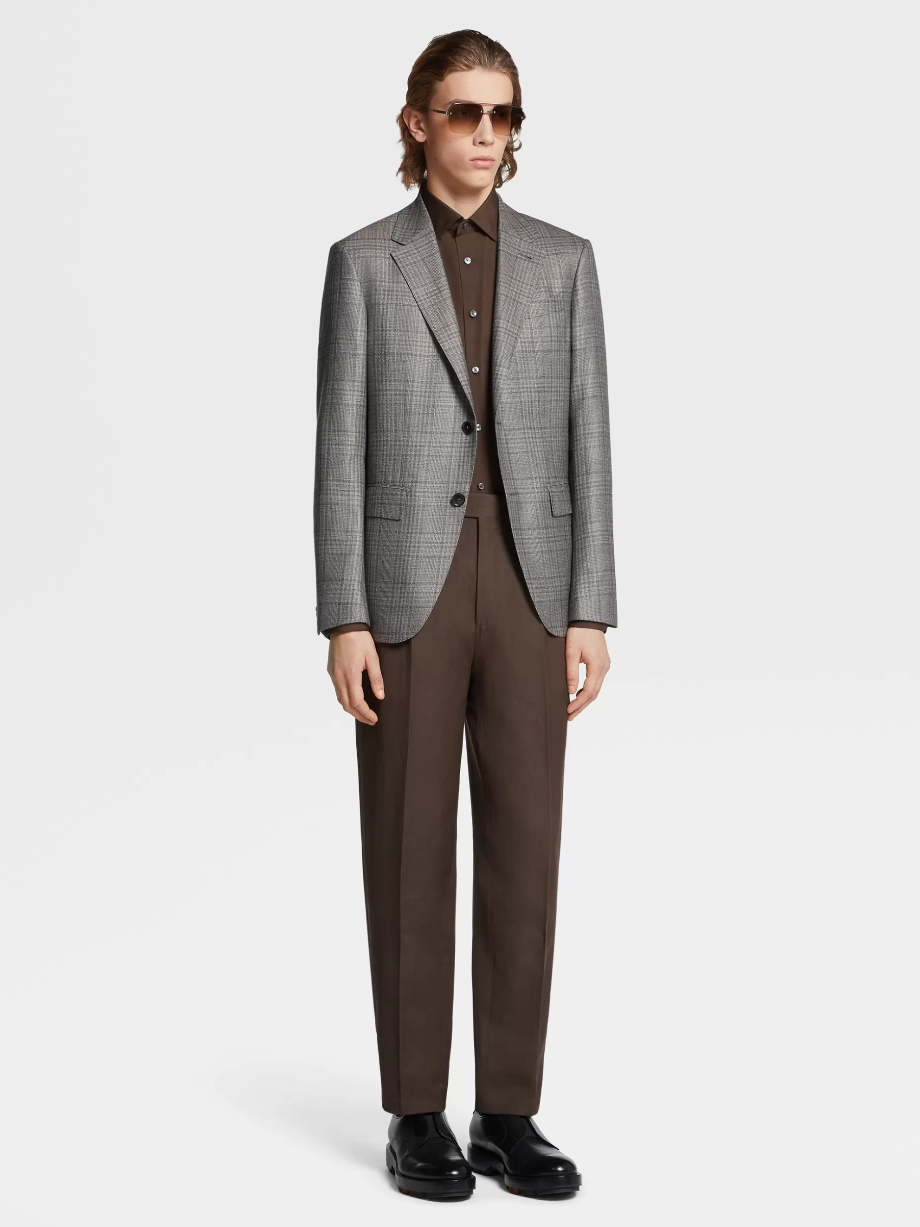 Men ZEGNA Light Brown Prince Of Wales Cashmere Silk And Hemp Jacket