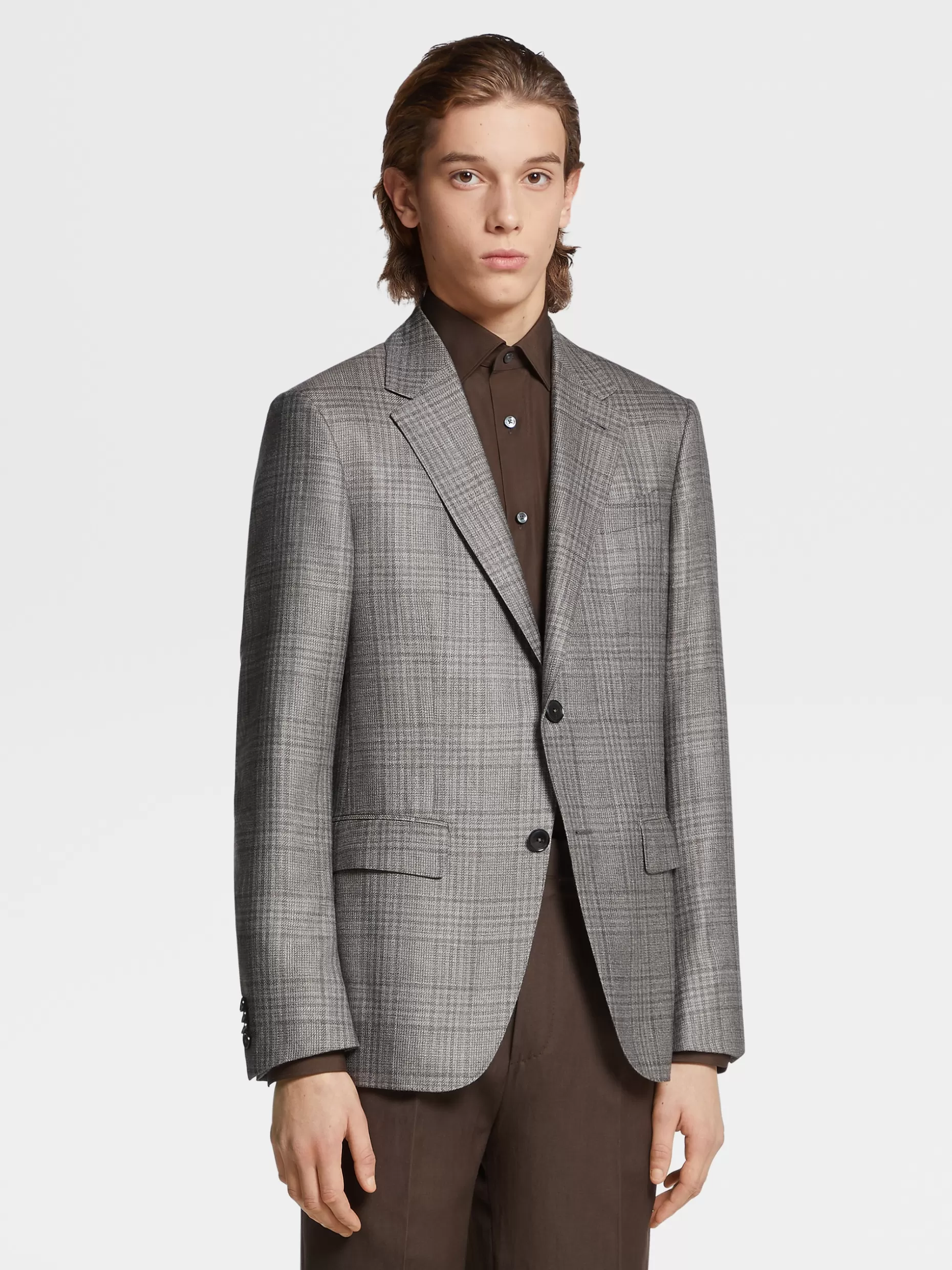 Men ZEGNA Light Brown Prince Of Wales Cashmere Silk And Hemp Jacket