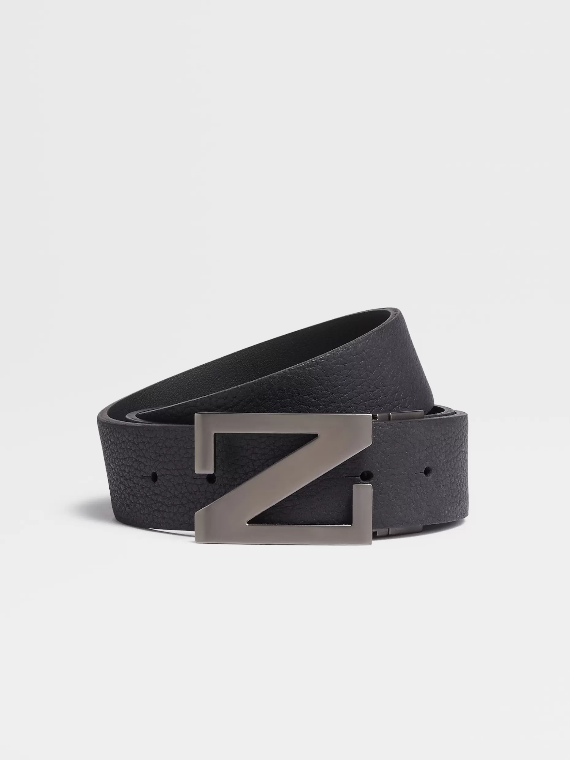 Men ZEGNA Navy Blue Grained Leather And Black Leather Reversible Belt