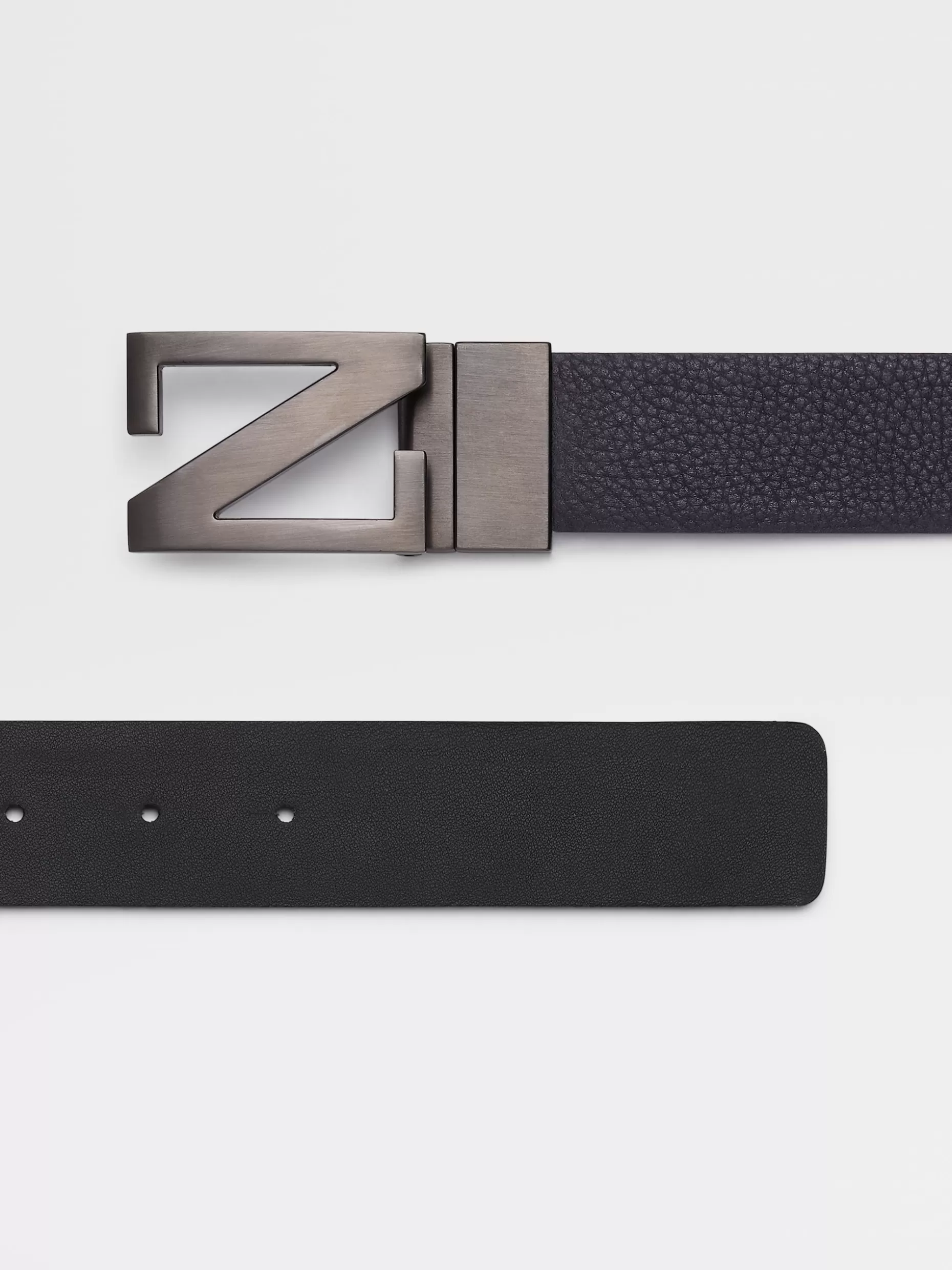 Men ZEGNA Navy Blue Grained Leather And Black Leather Reversible Belt