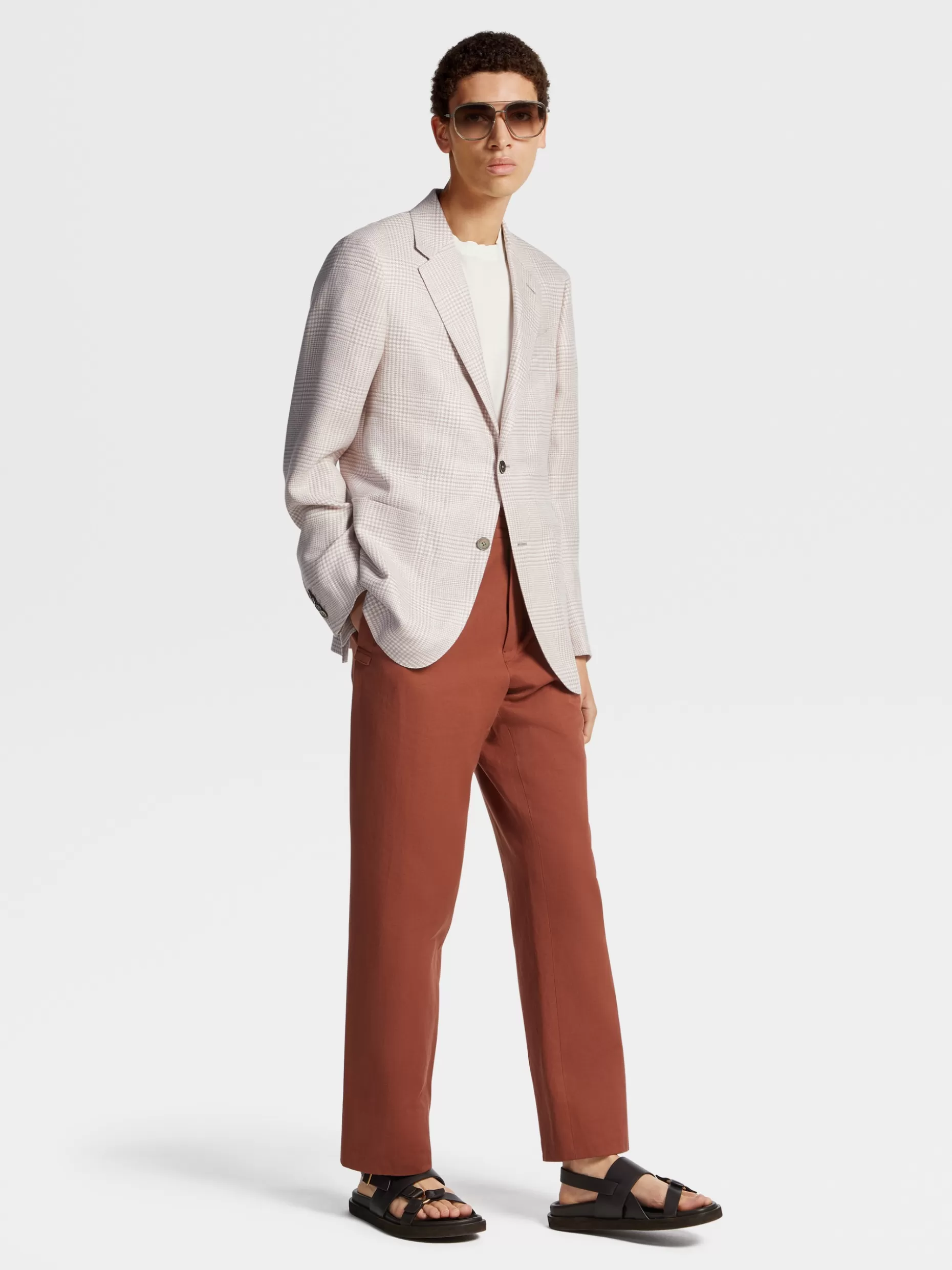 Men ZEGNA Pink And White Prince Of Wales Crossover Linen Wool And Silk Fairway Jacket