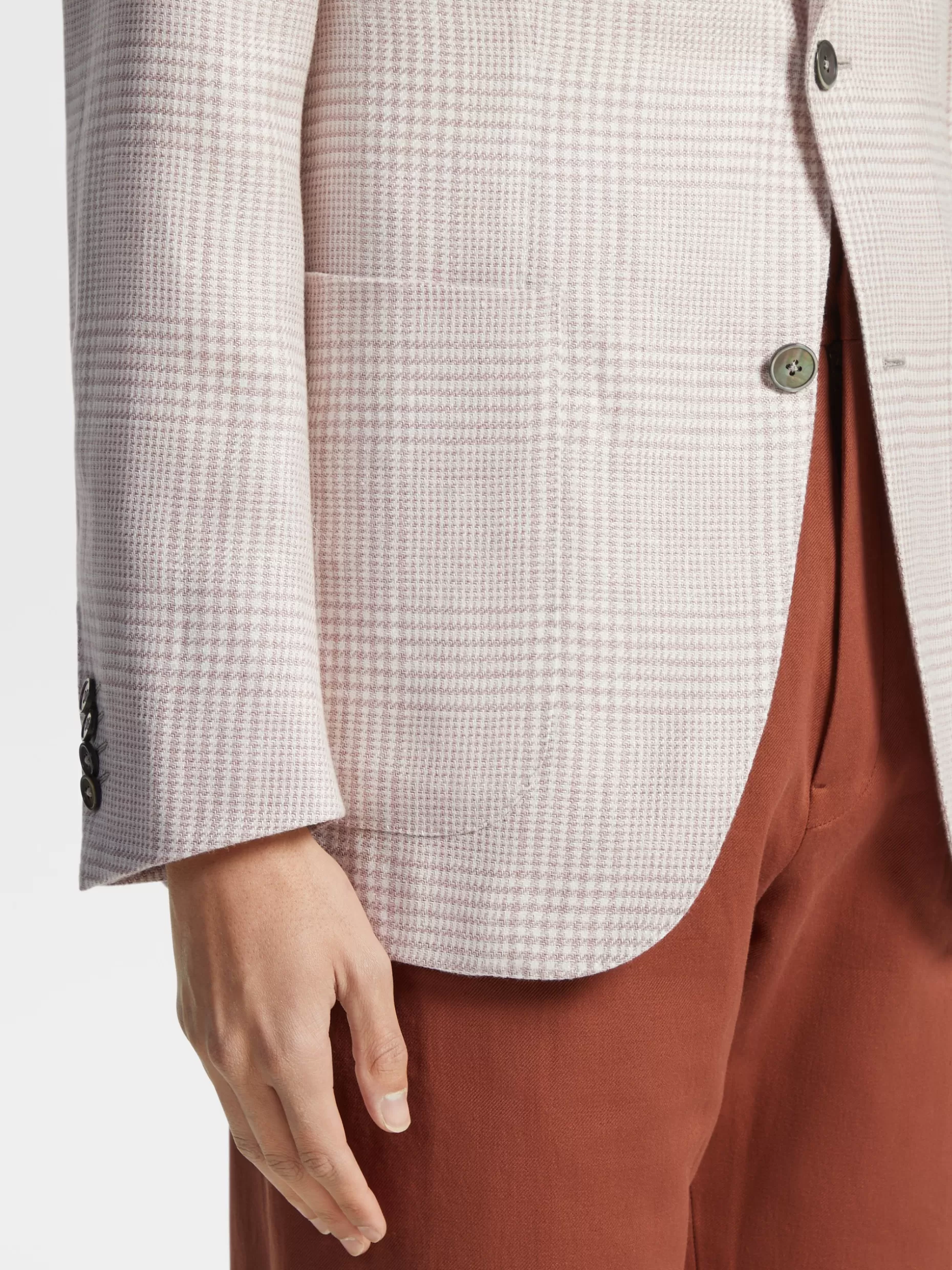 Men ZEGNA Pink And White Prince Of Wales Crossover Linen Wool And Silk Fairway Jacket