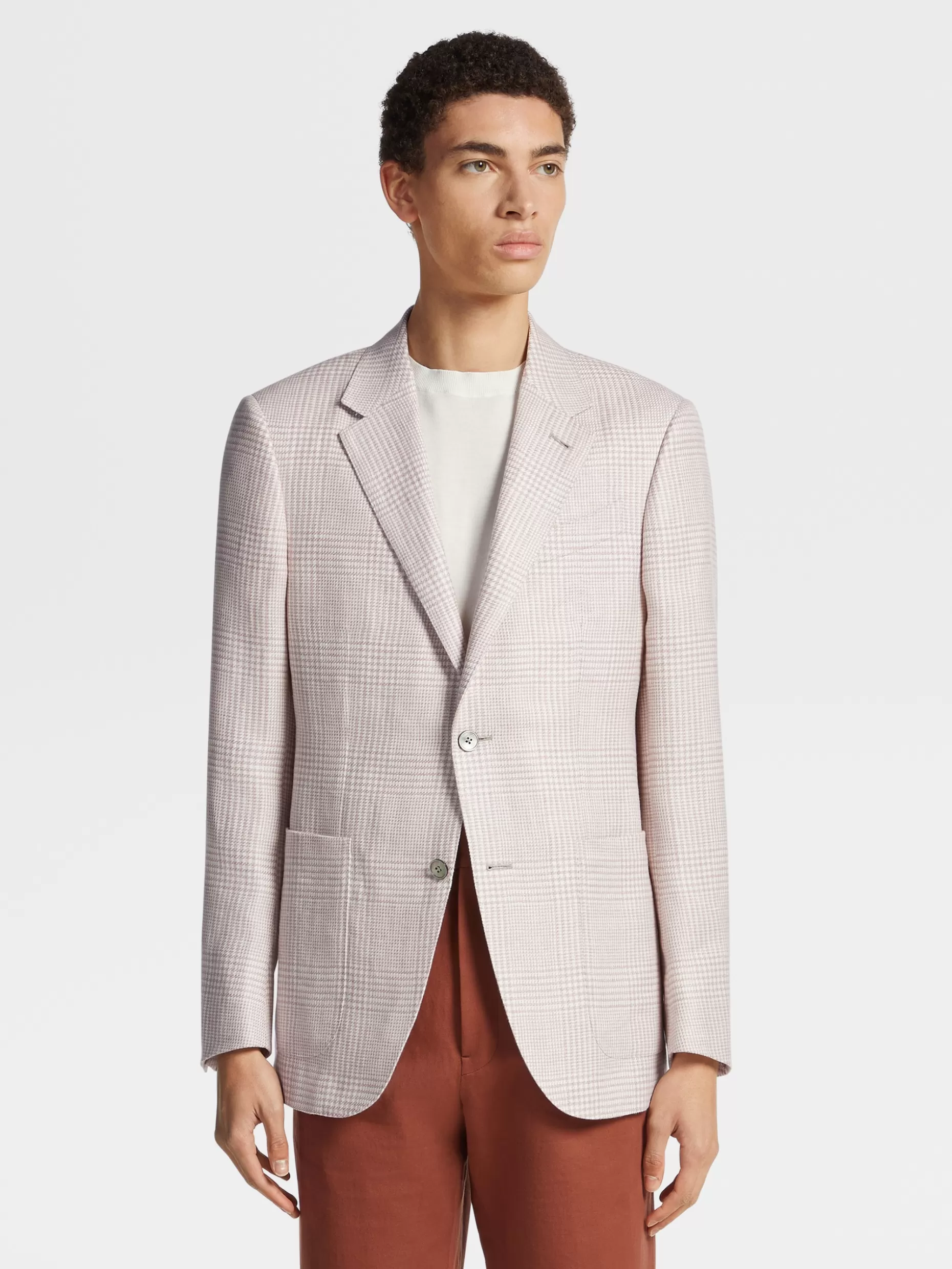 Men ZEGNA Pink And White Prince Of Wales Crossover Linen Wool And Silk Fairway Jacket