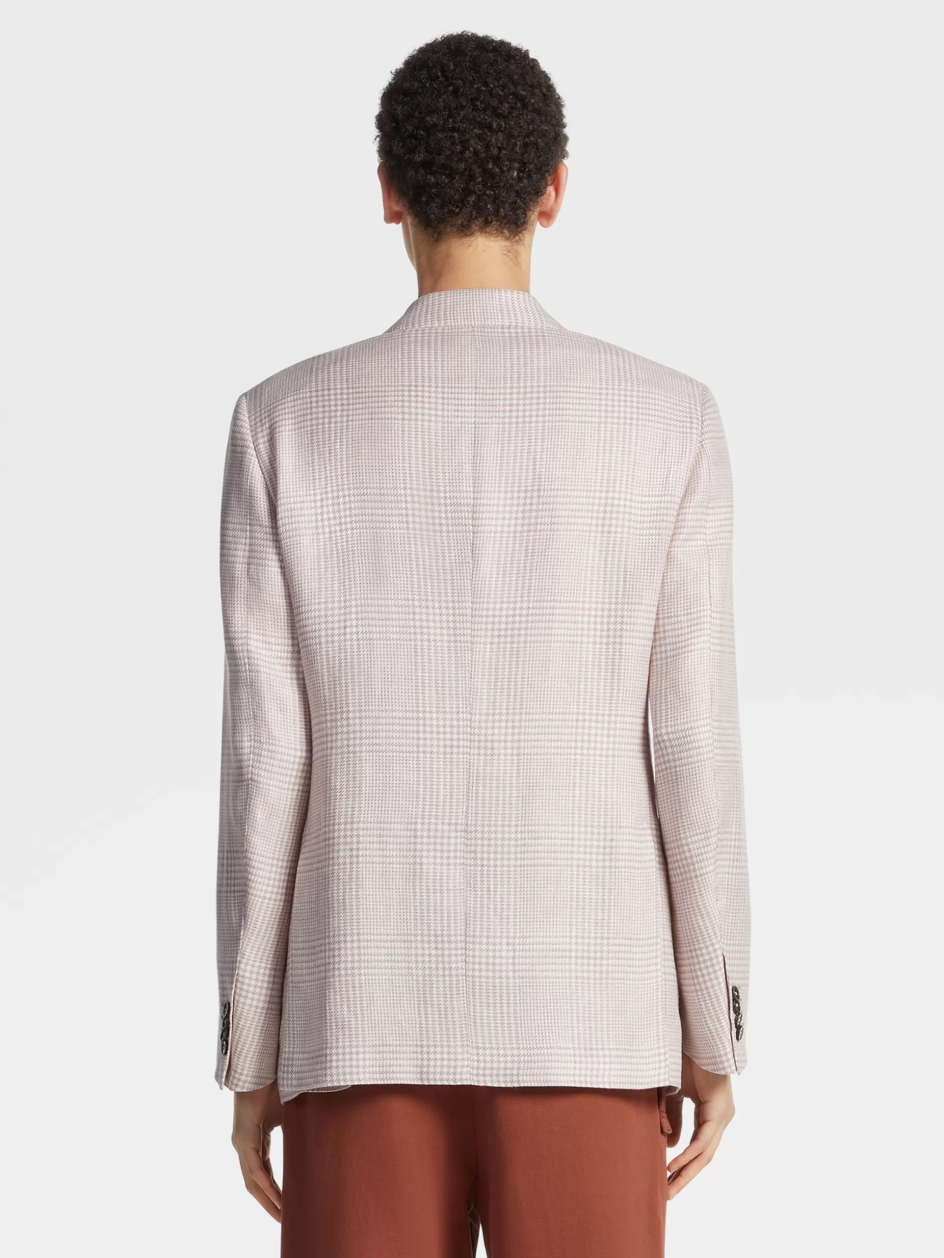 Men ZEGNA Pink And White Prince Of Wales Crossover Linen Wool And Silk Fairway Jacket