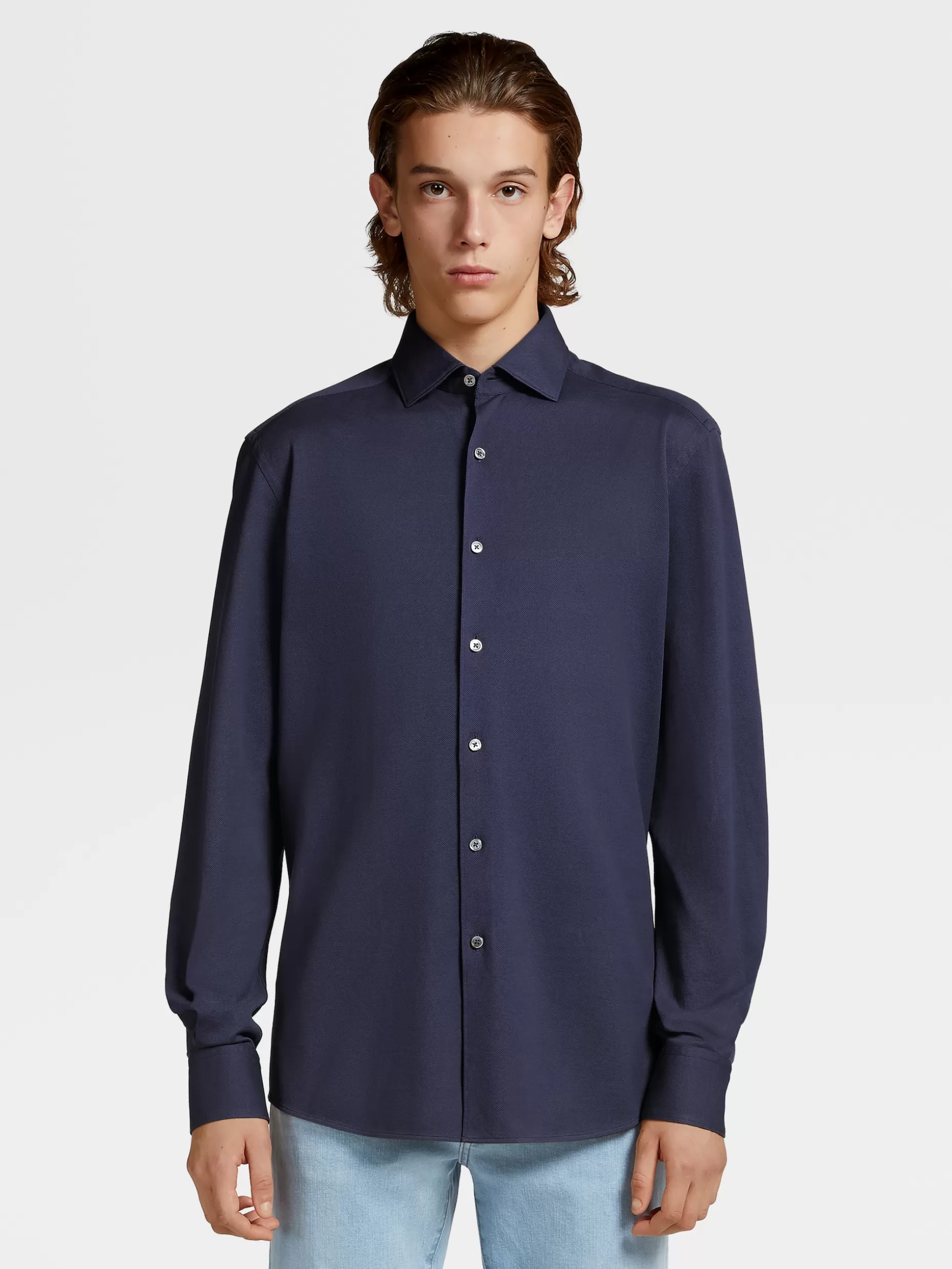 Men ZEGNA Pure Cotton Jersey Long-Sleeve Shirt