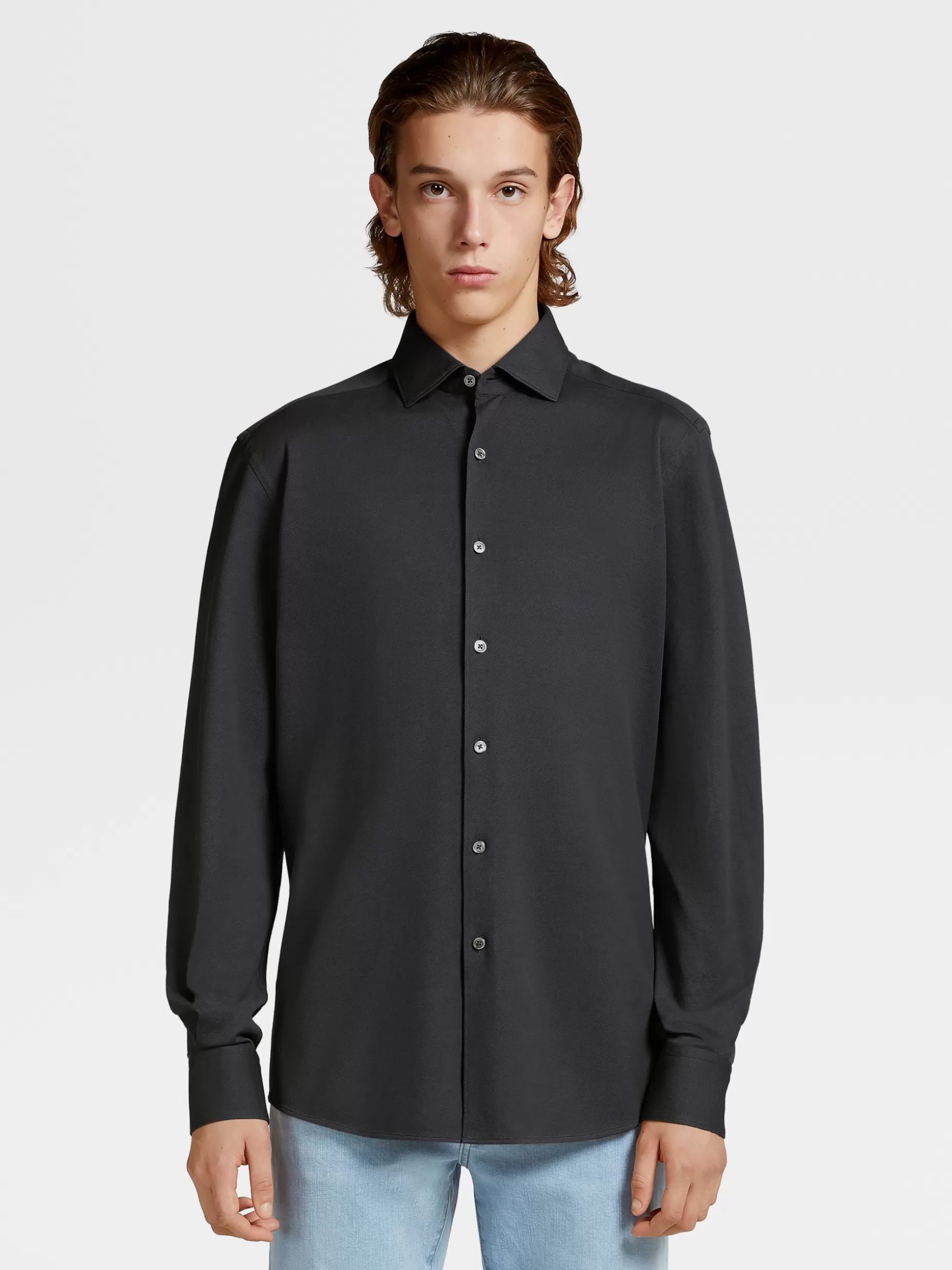 Men ZEGNA Pure Cotton Jersey Long-Sleeve Shirt