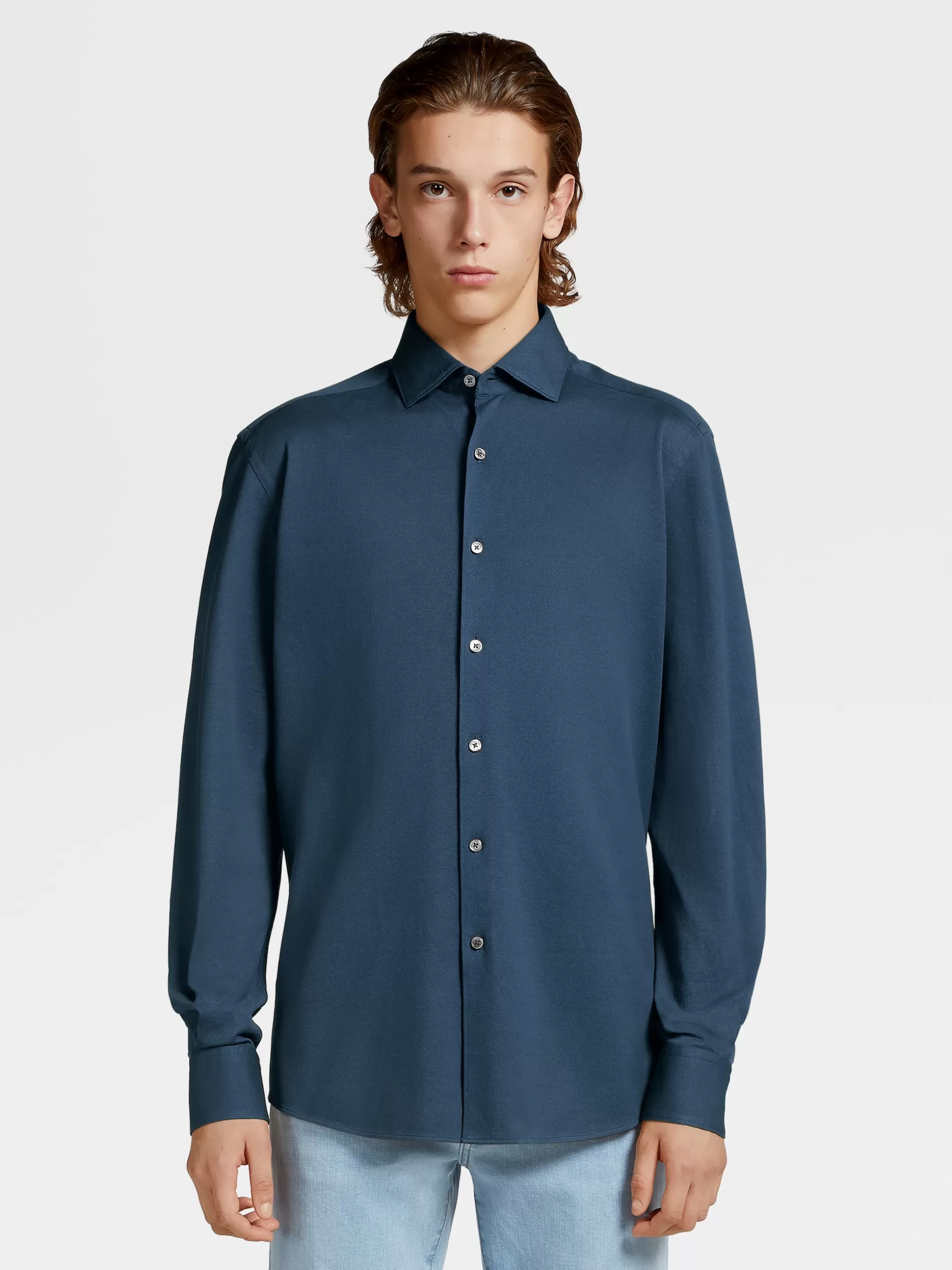 Men ZEGNA Pure Cotton Jersey Long-Sleeve Shirt