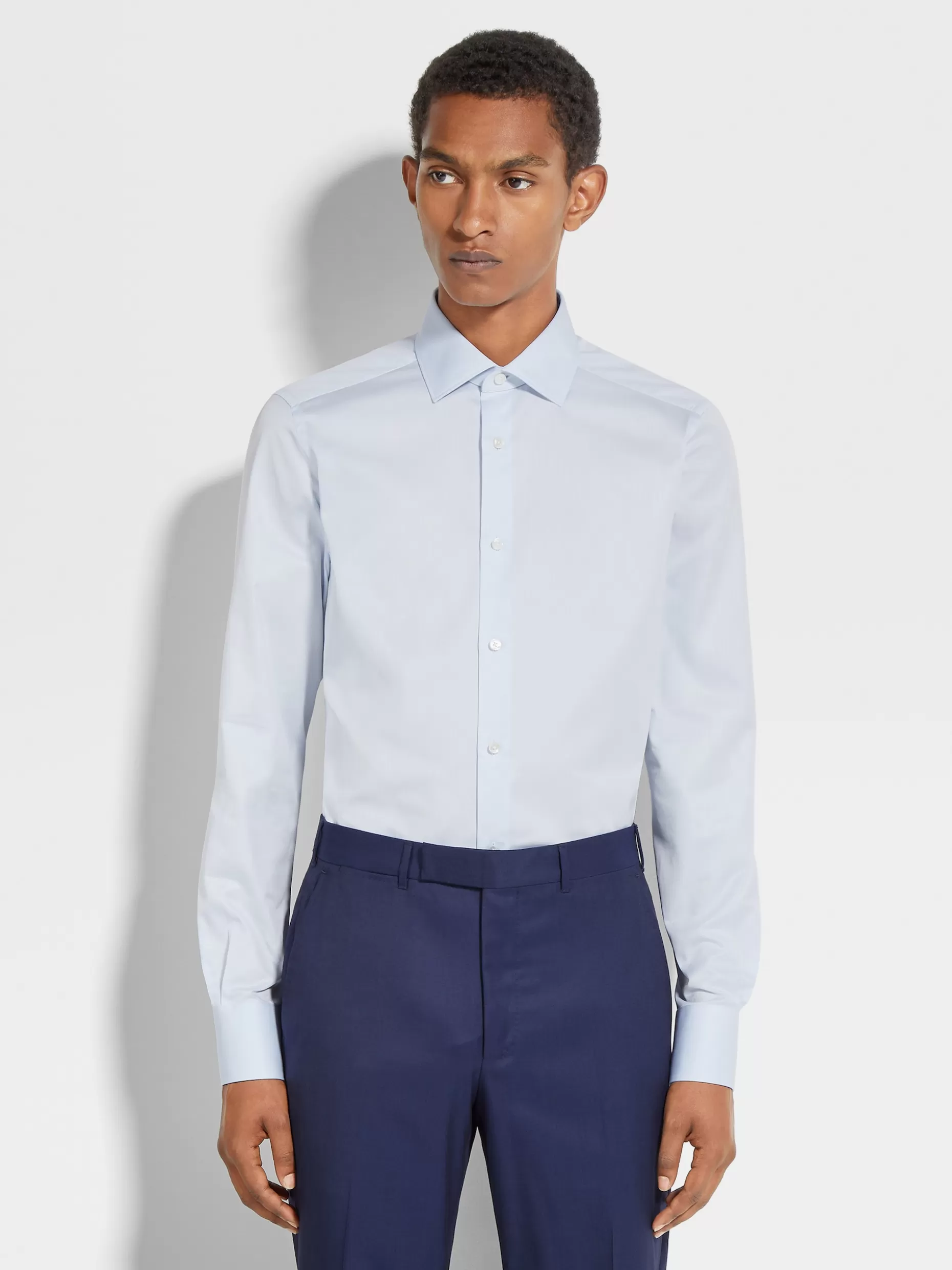 Men ZEGNA White And Light Blue Micro Striped Trecapi Cotton Tailoring Long-Sleeve Shirt