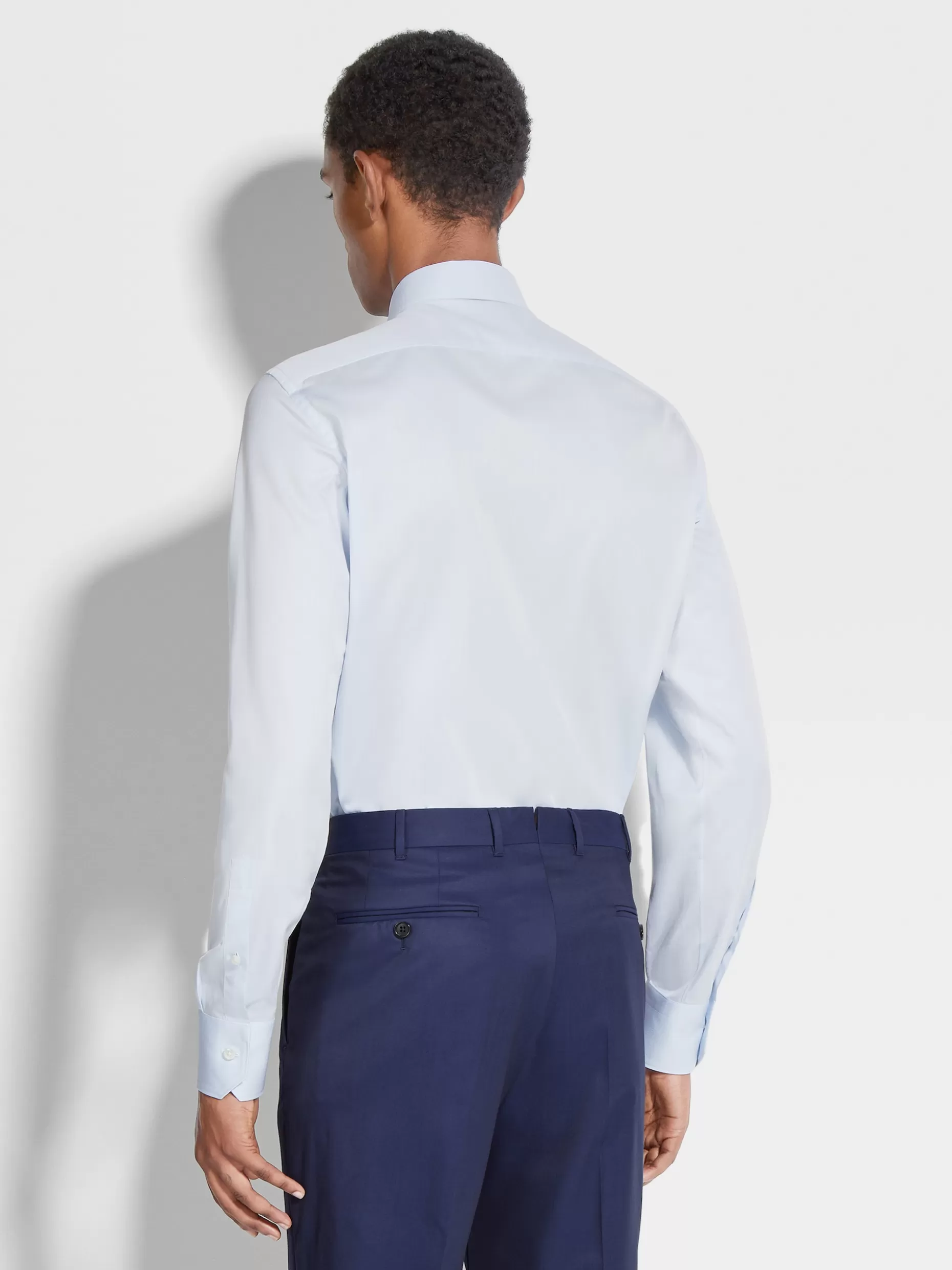 Men ZEGNA White And Light Blue Micro Striped Trecapi Cotton Tailoring Long-Sleeve Shirt
