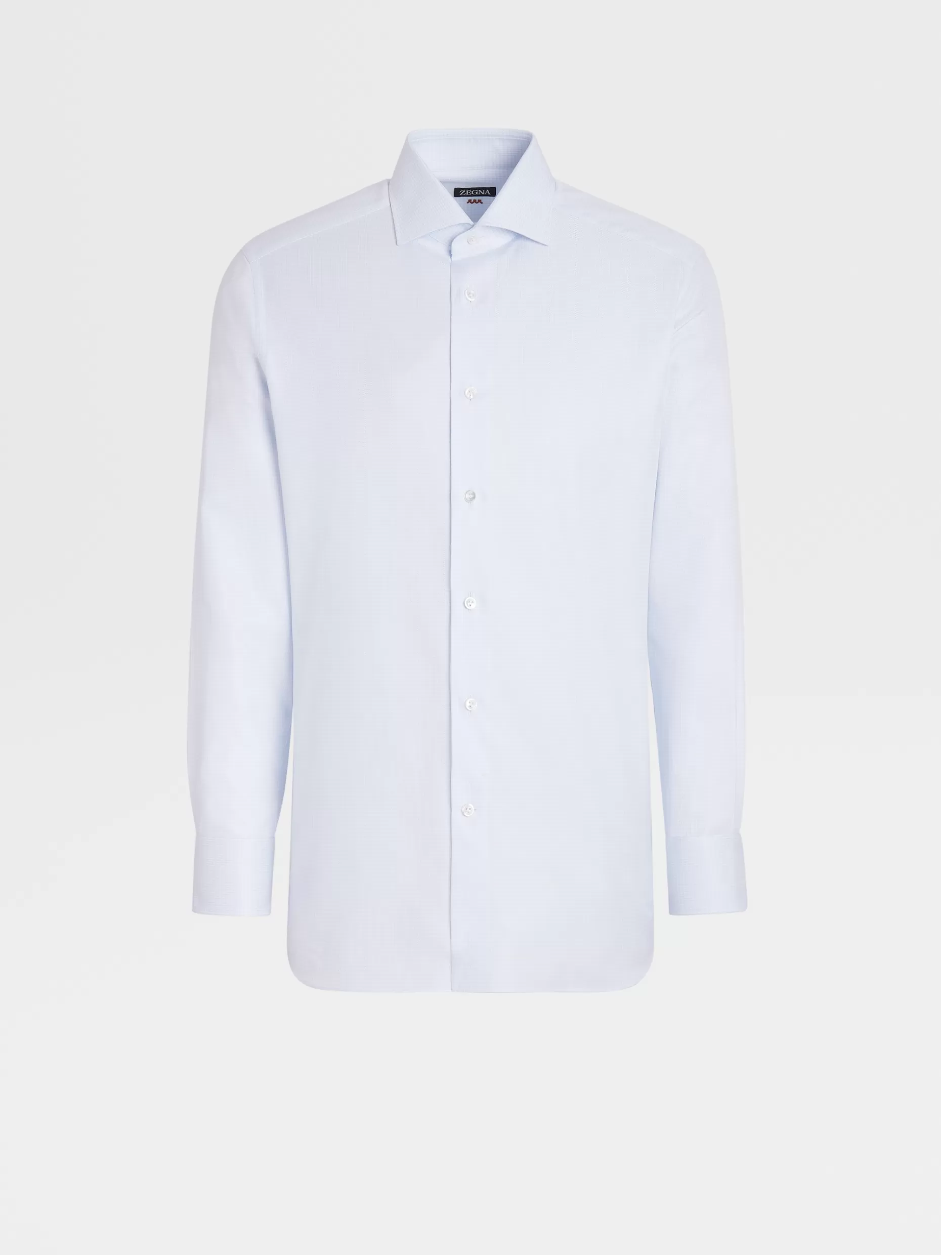 Men ZEGNA White And Light Blue Pied De Poule Twill Cotton Long-Sleeve Shirt