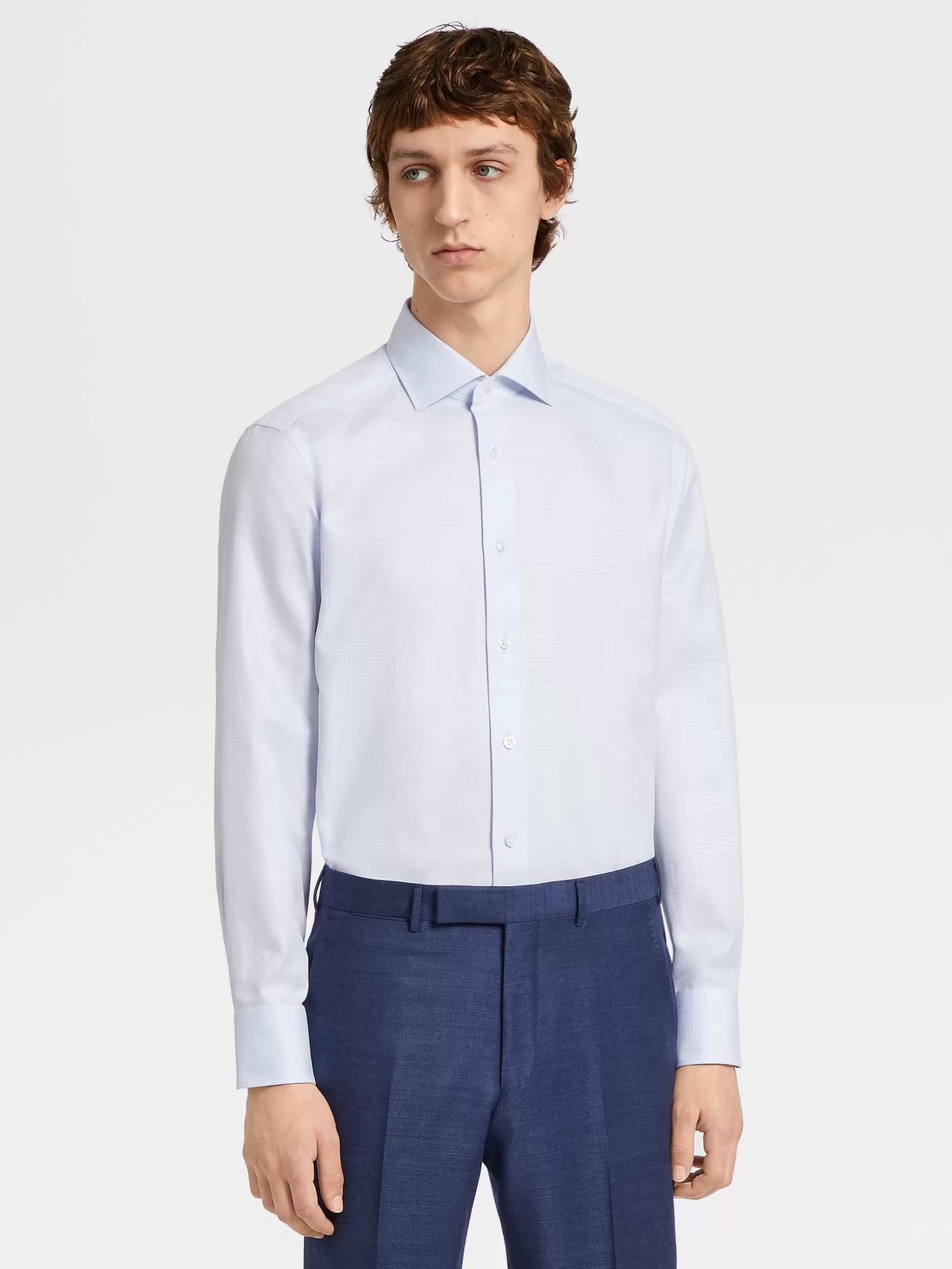 Men ZEGNA White And Light Blue Pied De Poule Twill Cotton Long-Sleeve Shirt