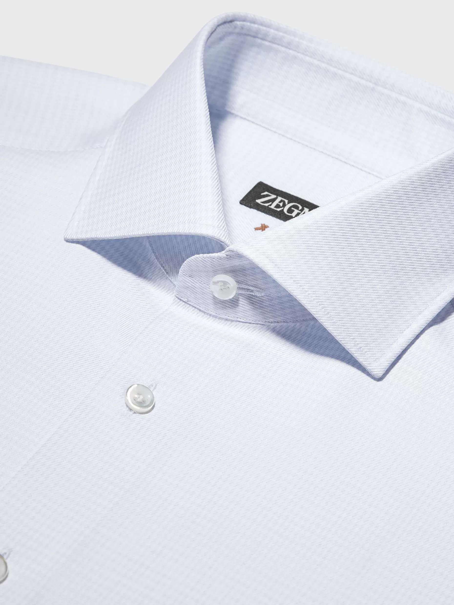 Men ZEGNA White And Light Blue Pied De Poule Twill Cotton Long-Sleeve Shirt