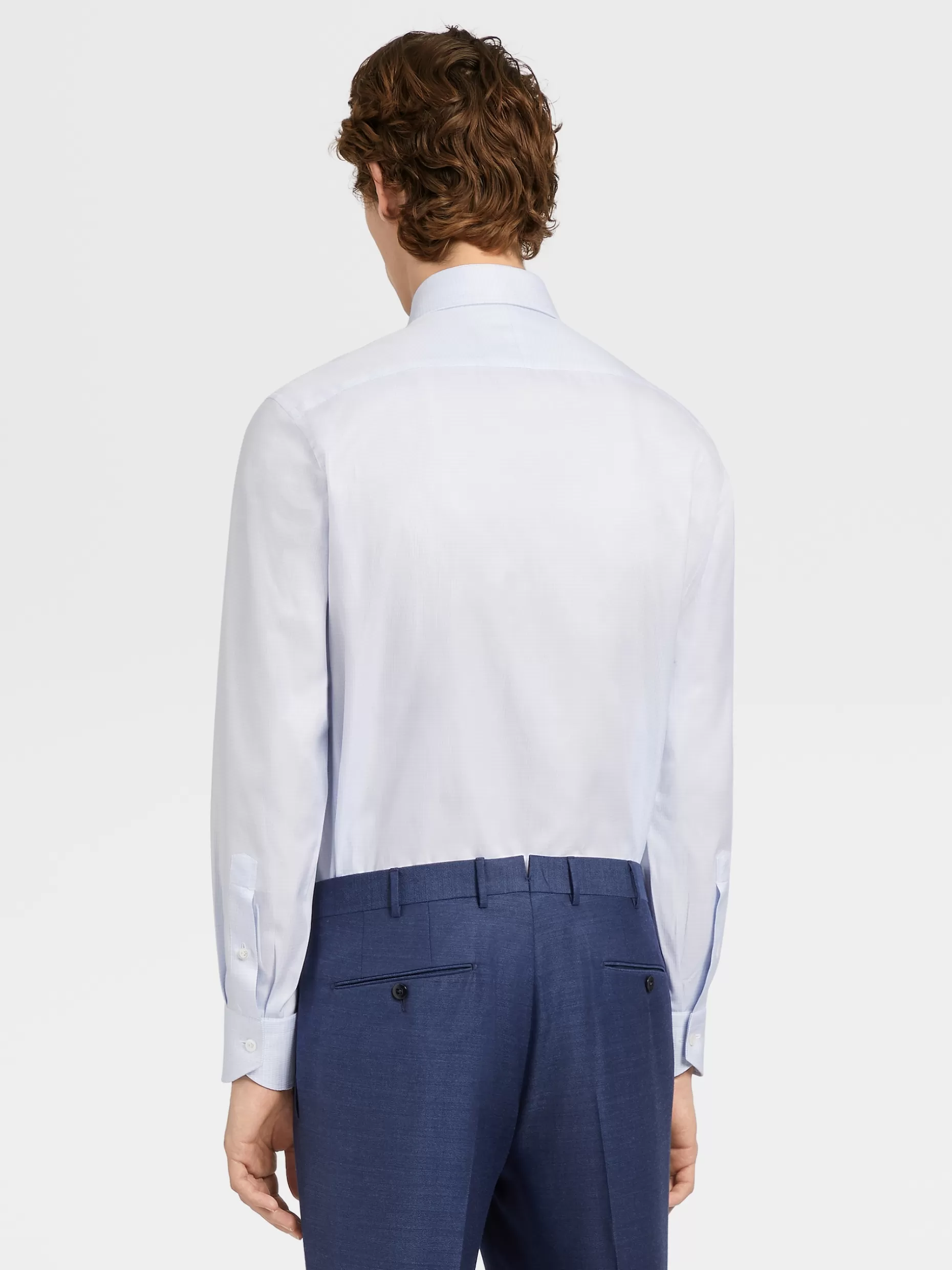 Men ZEGNA White And Light Blue Pied De Poule Twill Cotton Long-Sleeve Shirt