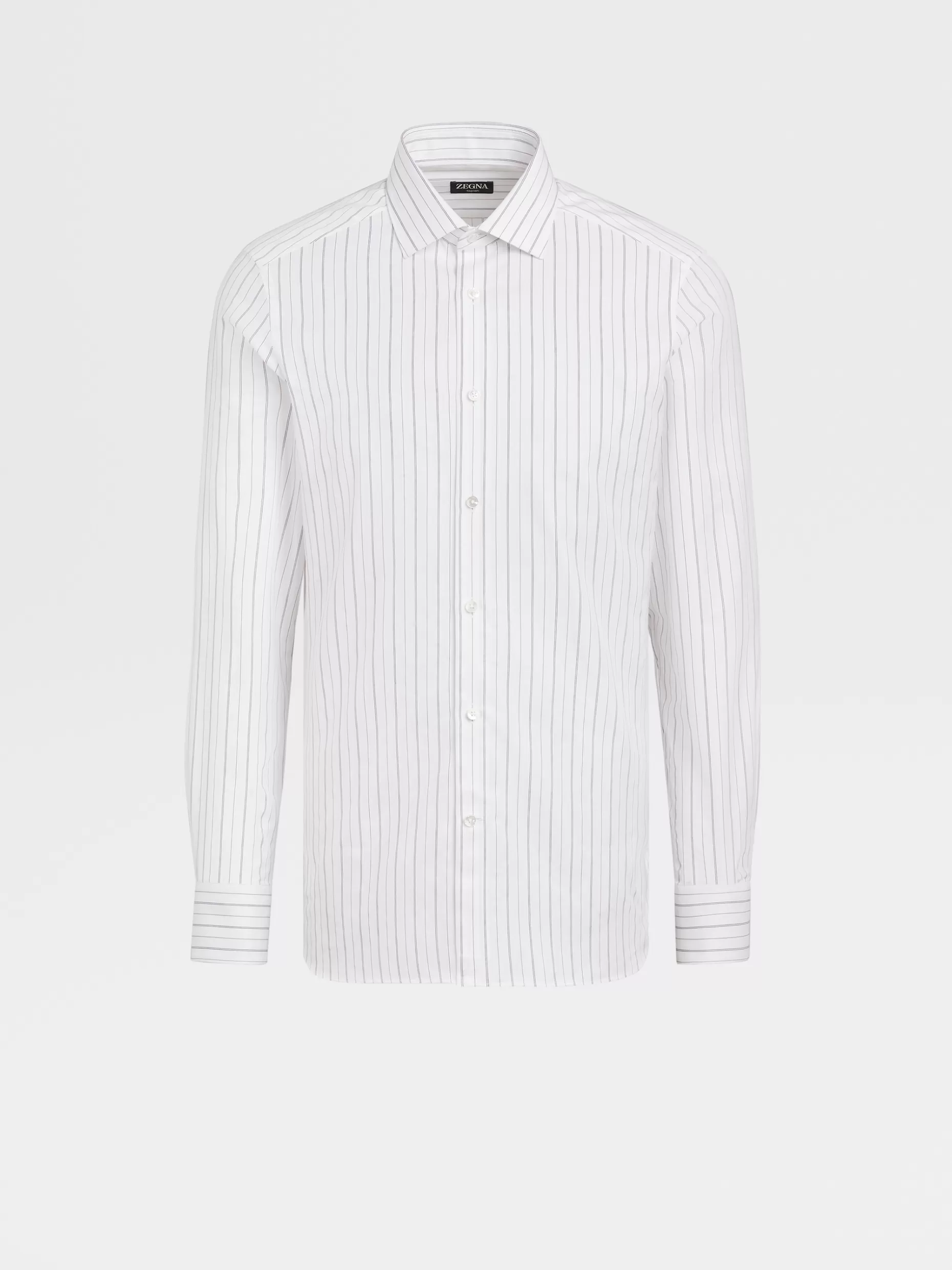Men ZEGNA White And Vicuna Color Macro Striped Trecapi Cotton Long-Sleeve Tailoring Shirt