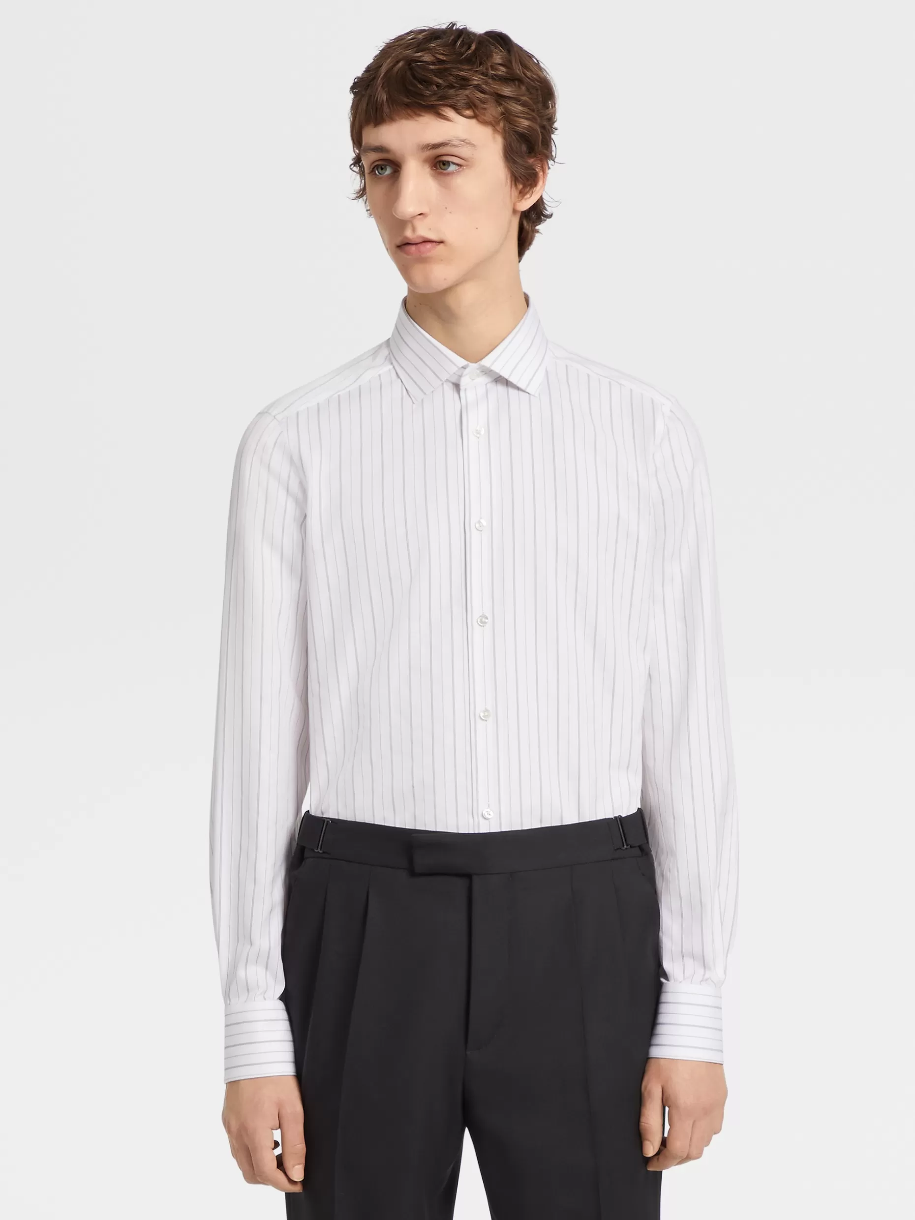 Men ZEGNA White And Vicuna Color Macro Striped Trecapi Cotton Long-Sleeve Tailoring Shirt