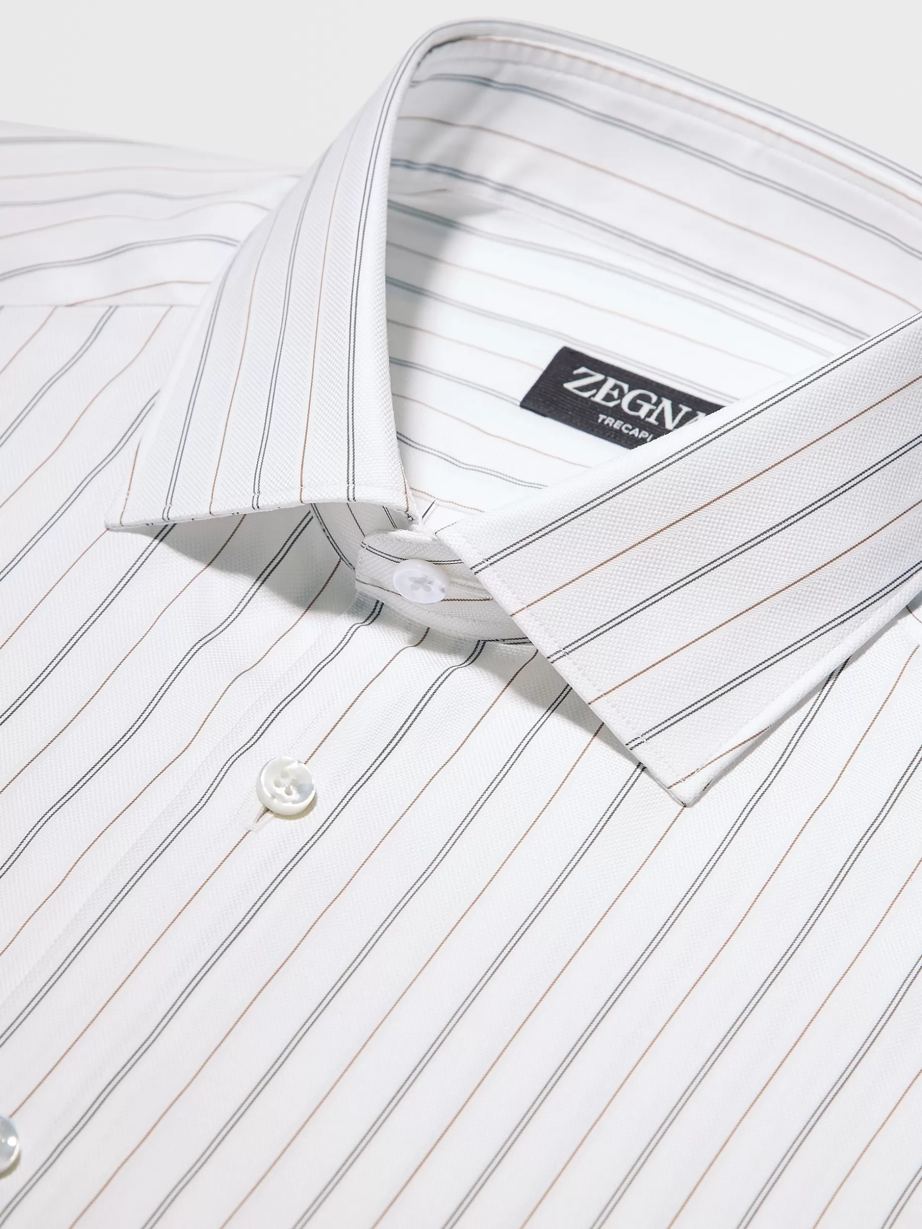 Men ZEGNA White And Vicuna Color Macro Striped Trecapi Cotton Long-Sleeve Tailoring Shirt